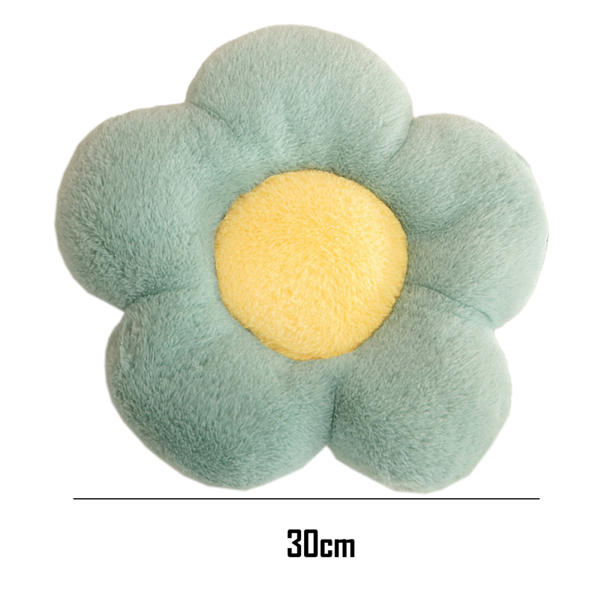 Ein blütenförmiges Kissen mit gelbem Zentrum und türkisblauen Blütenblättern. Es ist 30cm breit.