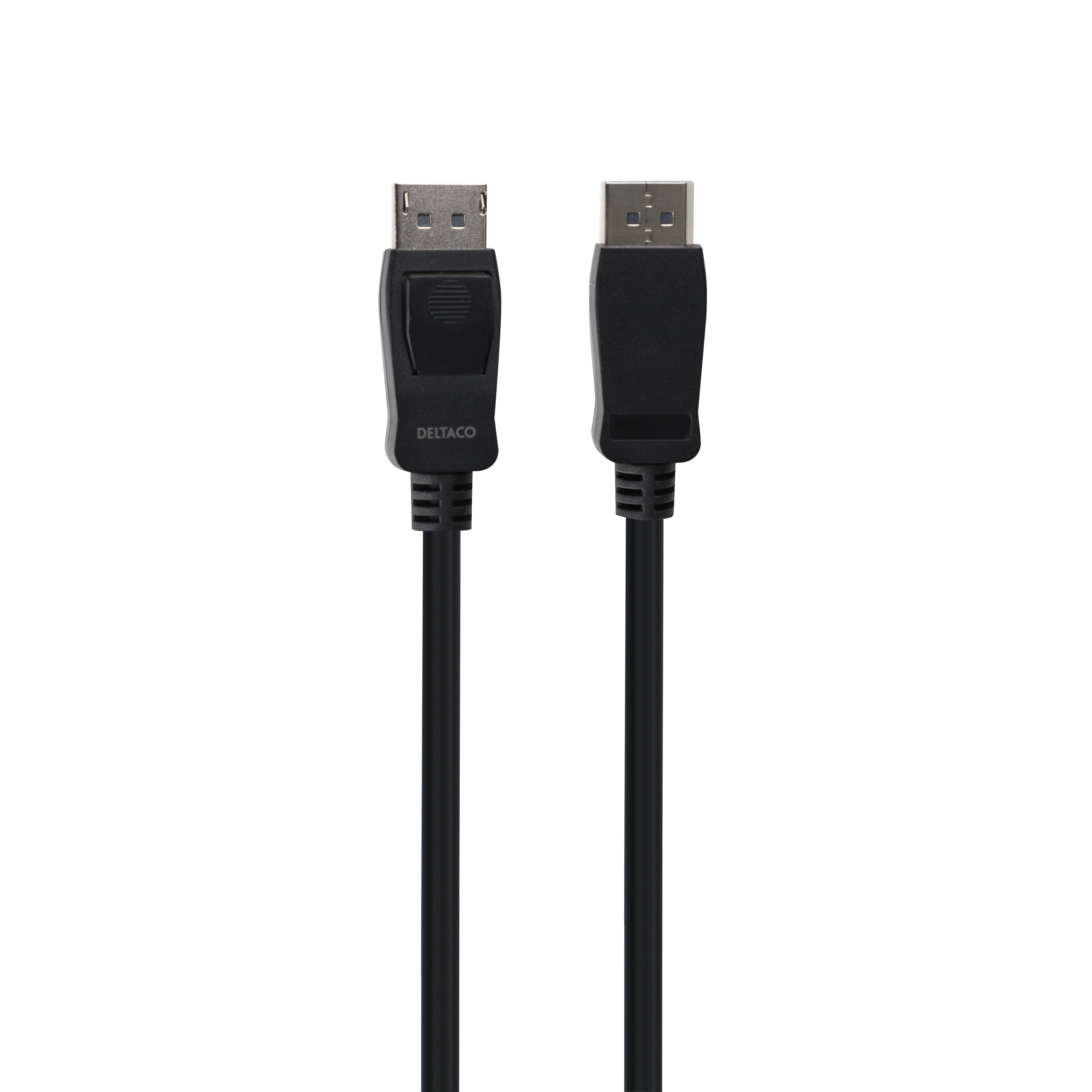 Due cavi DisplayPort neri su sfondo bianco. Ogni cavo ha un connettore nero.