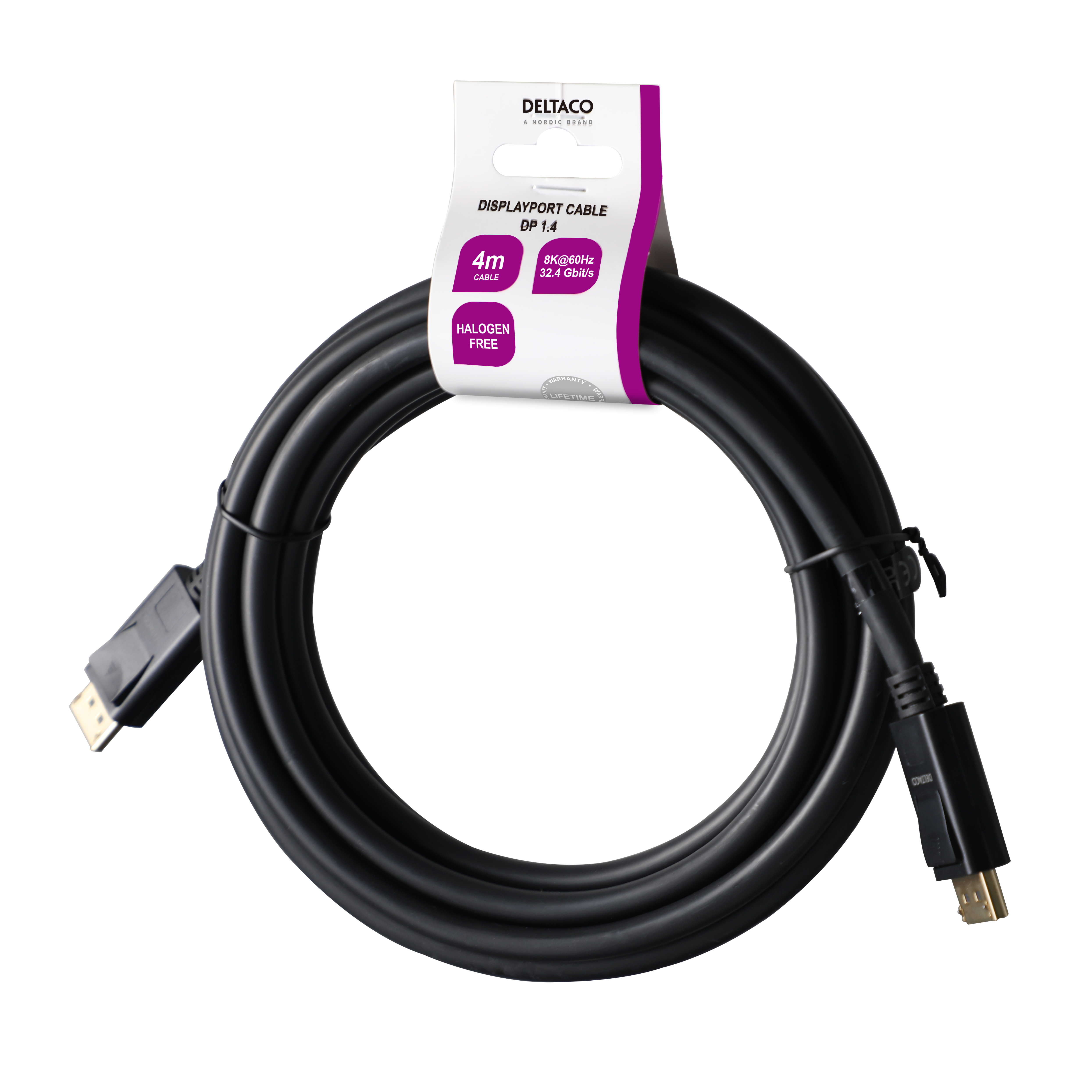 Cavo DisplayPort nero con connettori su ciascuna estremità, su sfondo bianco.