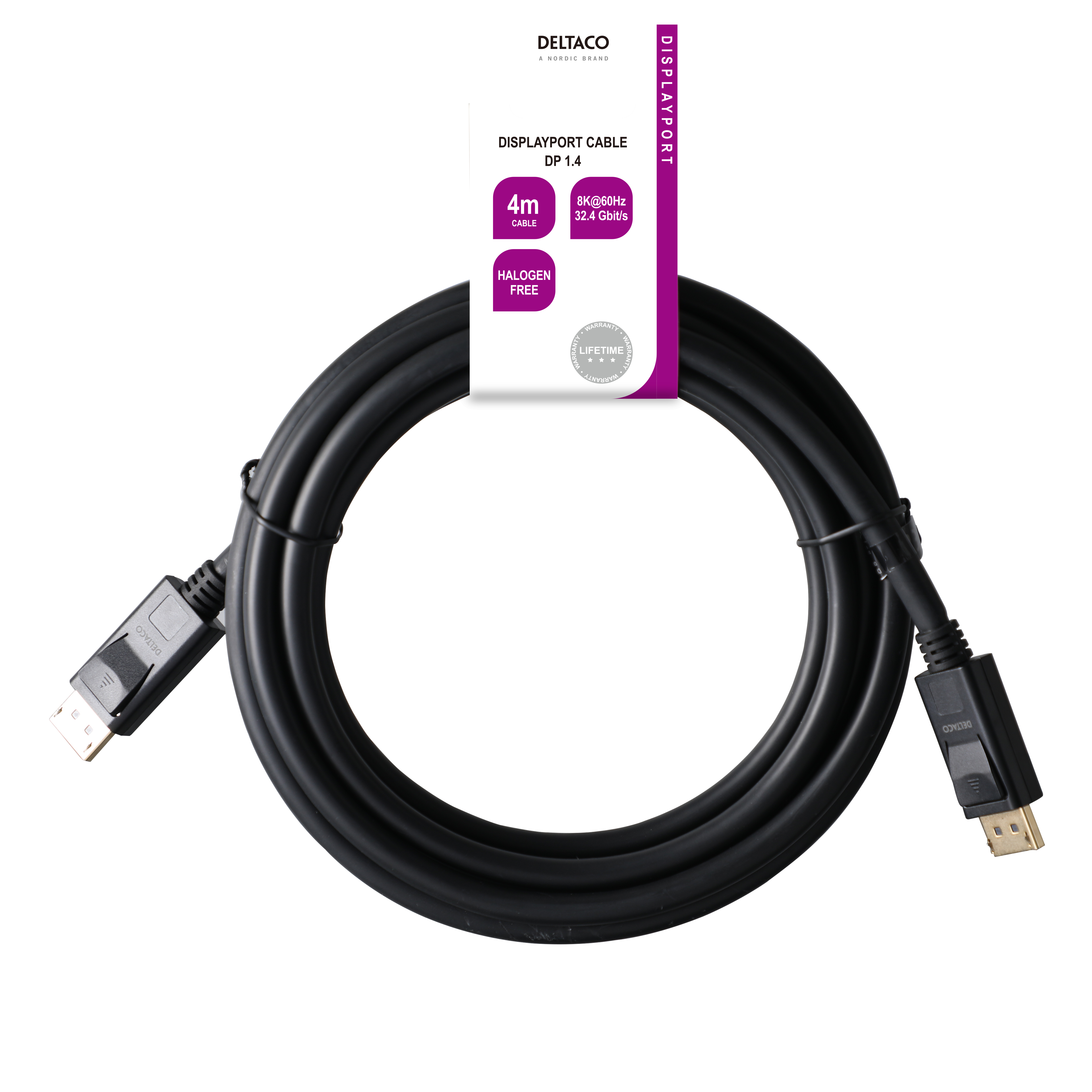 Cavo DisplayPort nero con connettori su entrambe le estremità, arrotolato, con etichetta del prodotto.