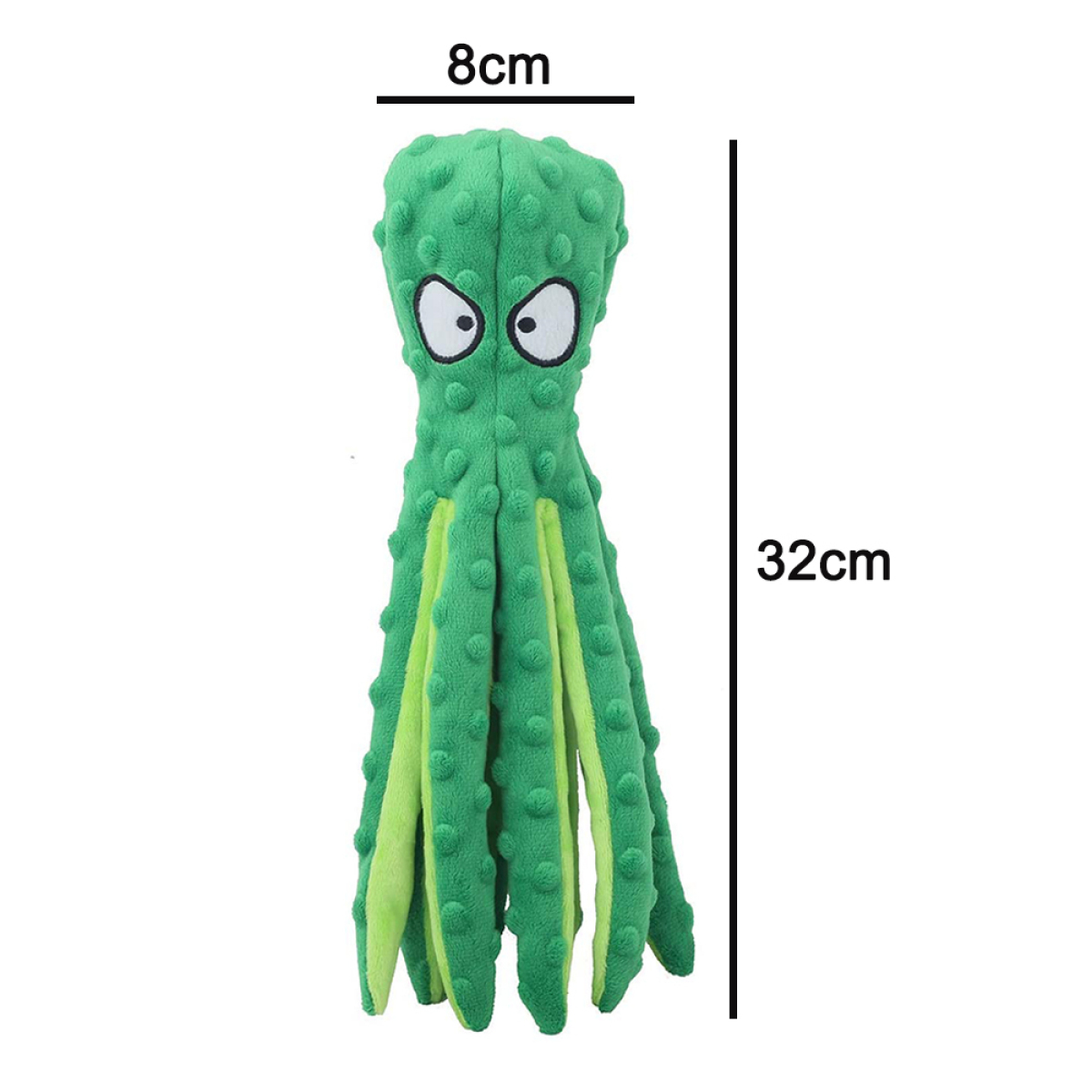 Grünes Plüsch-Oktopus-Spielzeug mit weißen Augen und grünen Tentakeln, 32 cm hoch, 8 cm breit.