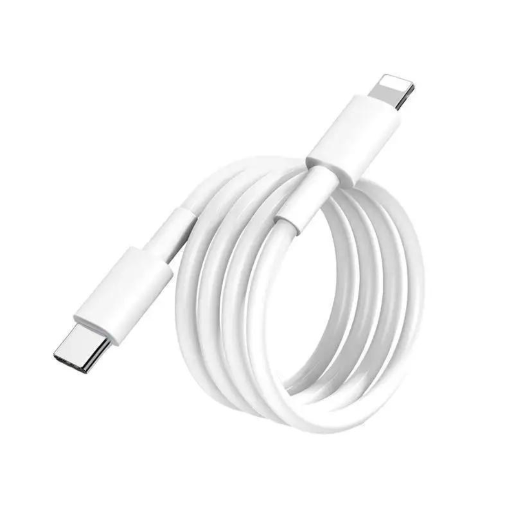 Weißes USB-C-auf-Lightning-Kabel, aufgerollt. Der Hintergrund ist eine weiße Oberfläche.