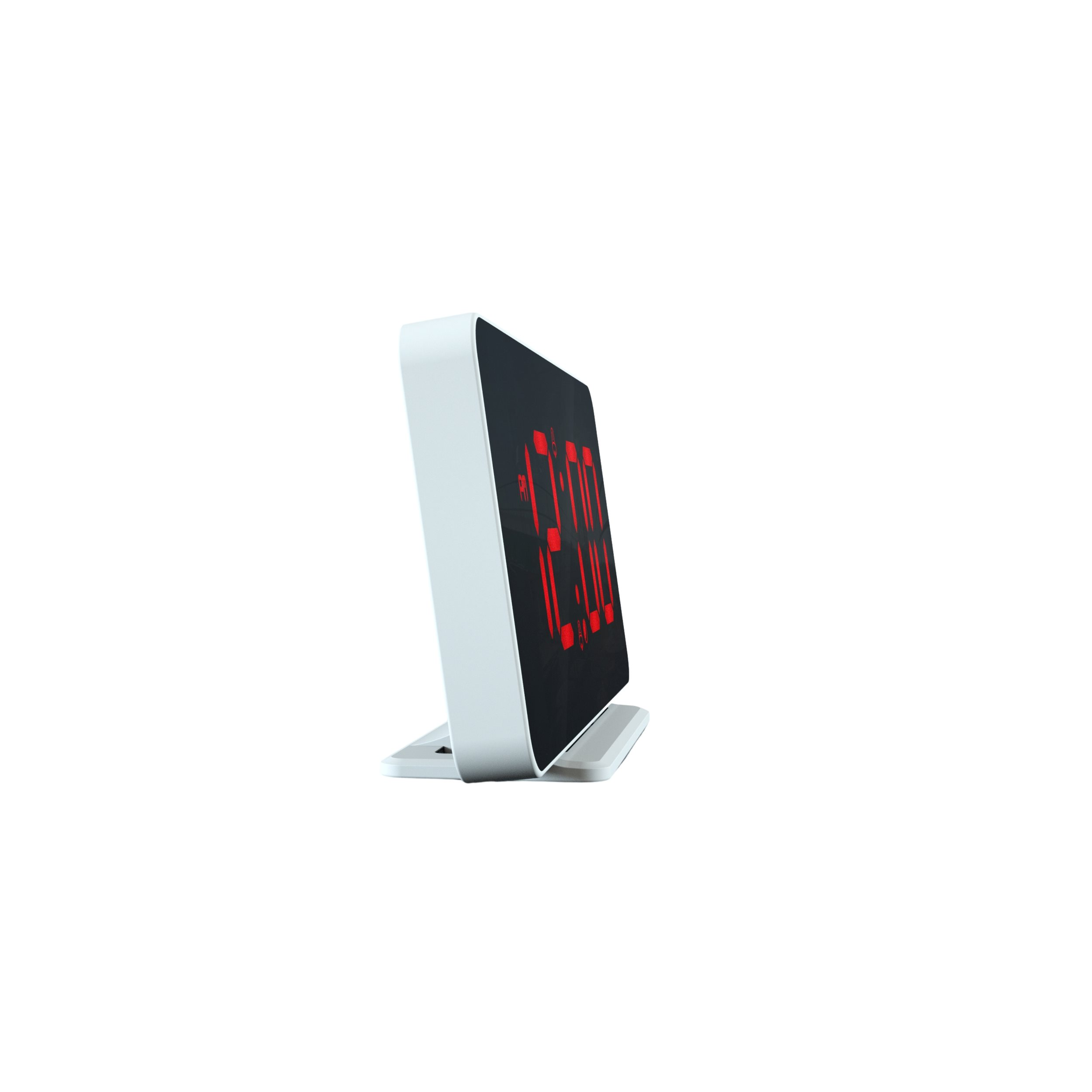 Horloge numérique blanche avec des chiffres rouges. L'horloge affiche 12h00. Elle est sur un support blanc.