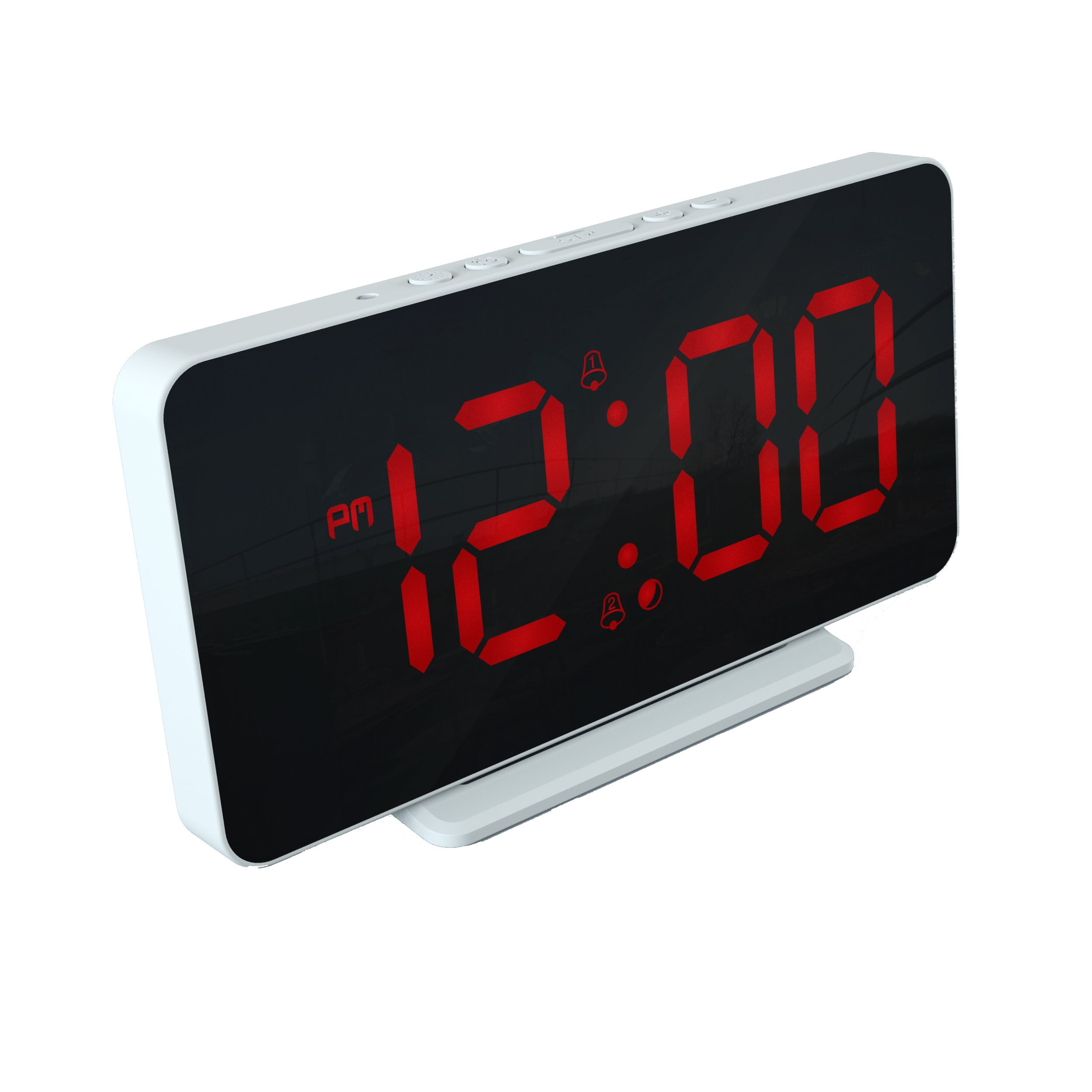 Digital alarm clock, white frame, with a red digital display showing the time 12:00 PM. Angled view.
