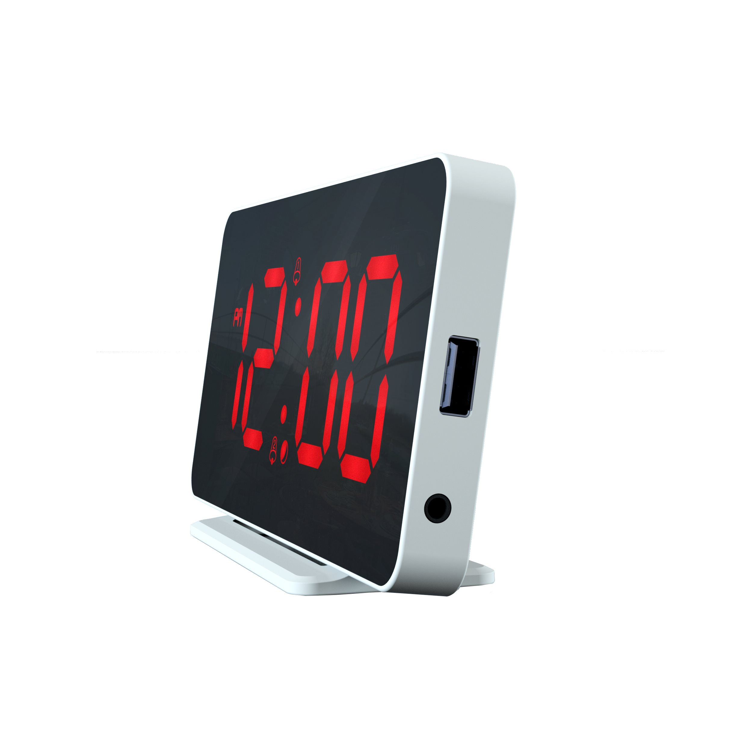 White digital alarm clock displaying 12:00 in red. Features a USB port and a small jack.