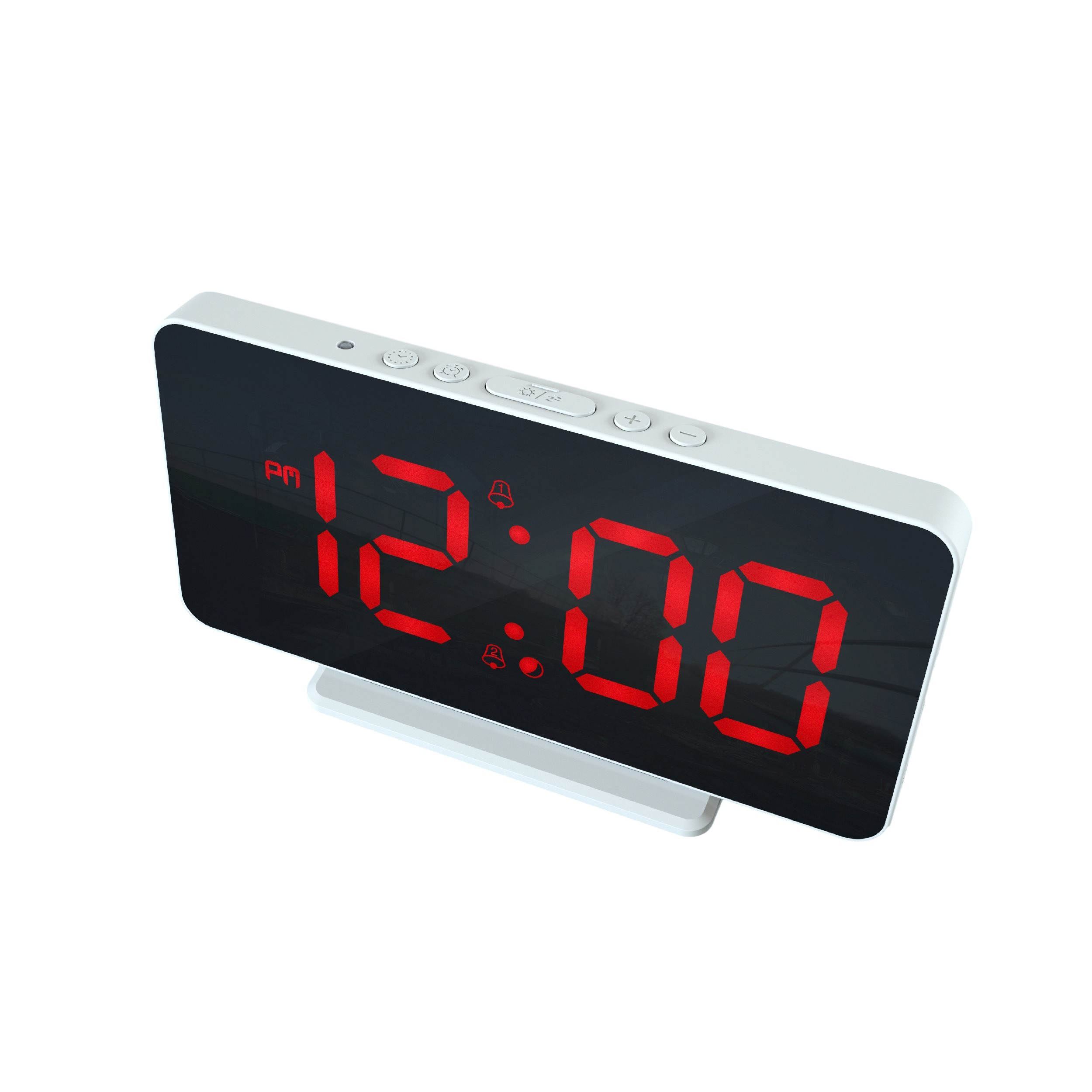 White digital clock displays 12:00 in red digits. The clock has a white frame.