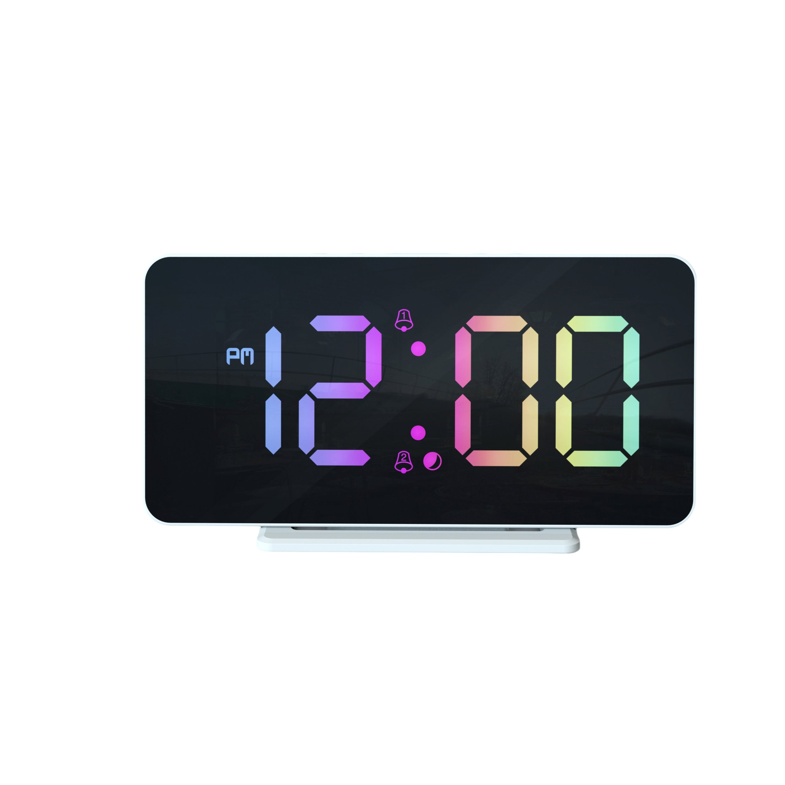 Digital clock displaying 12:00 in multi-colored digits on a white base.