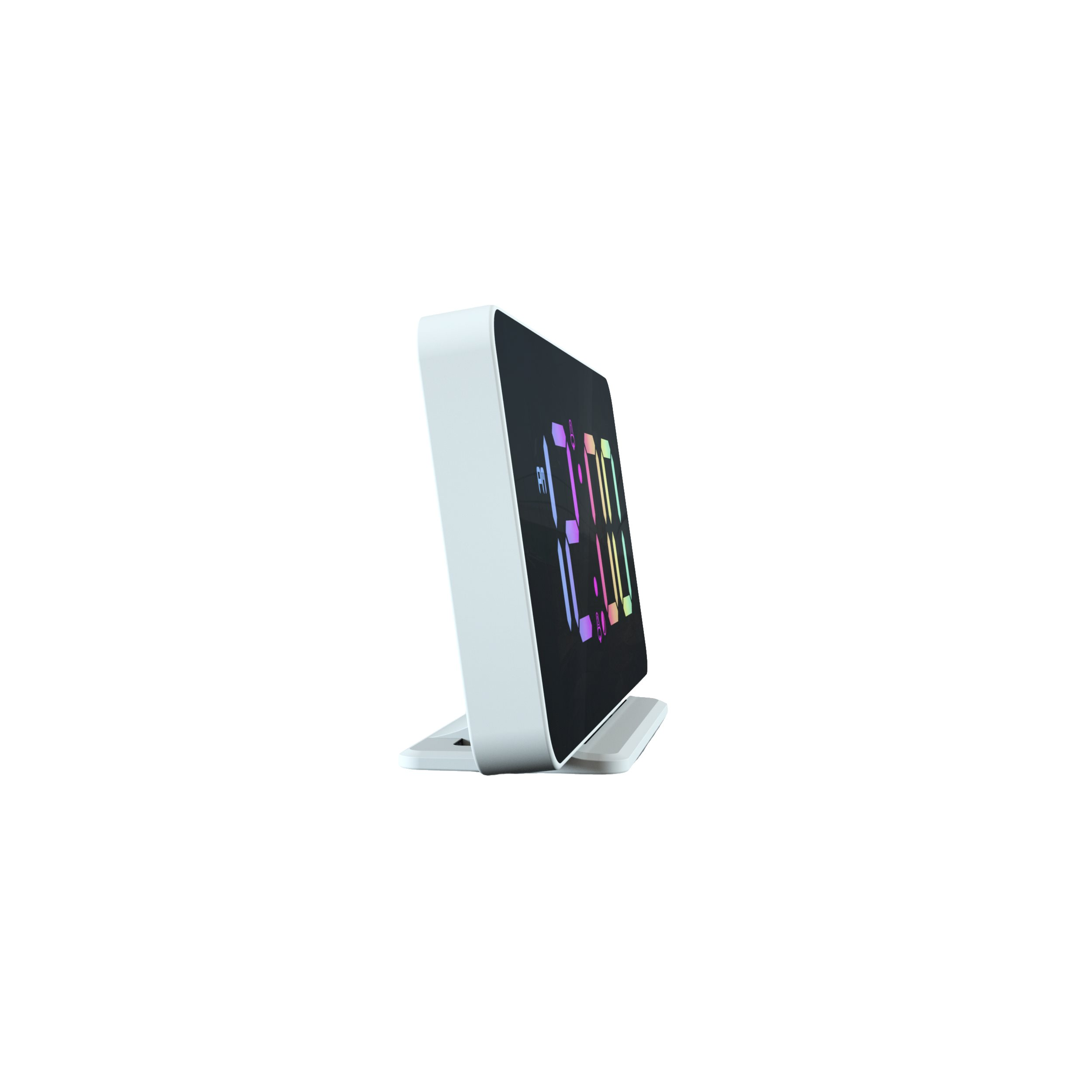 A white digital clock displays a colorful time on a white stand. The background is plain white.