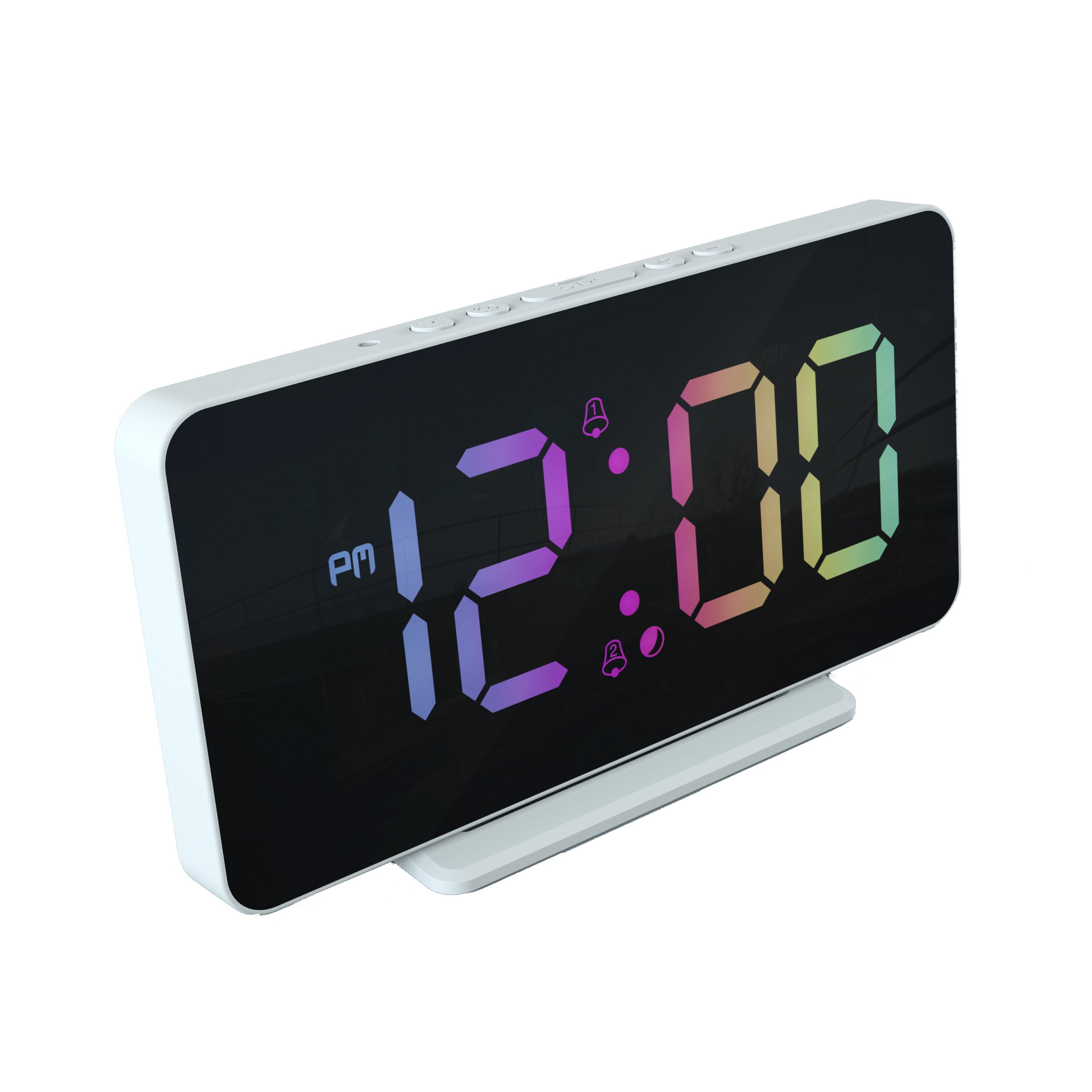 A white digital clock displays the time 12:00 in color. It has a white stand and buttons on top.