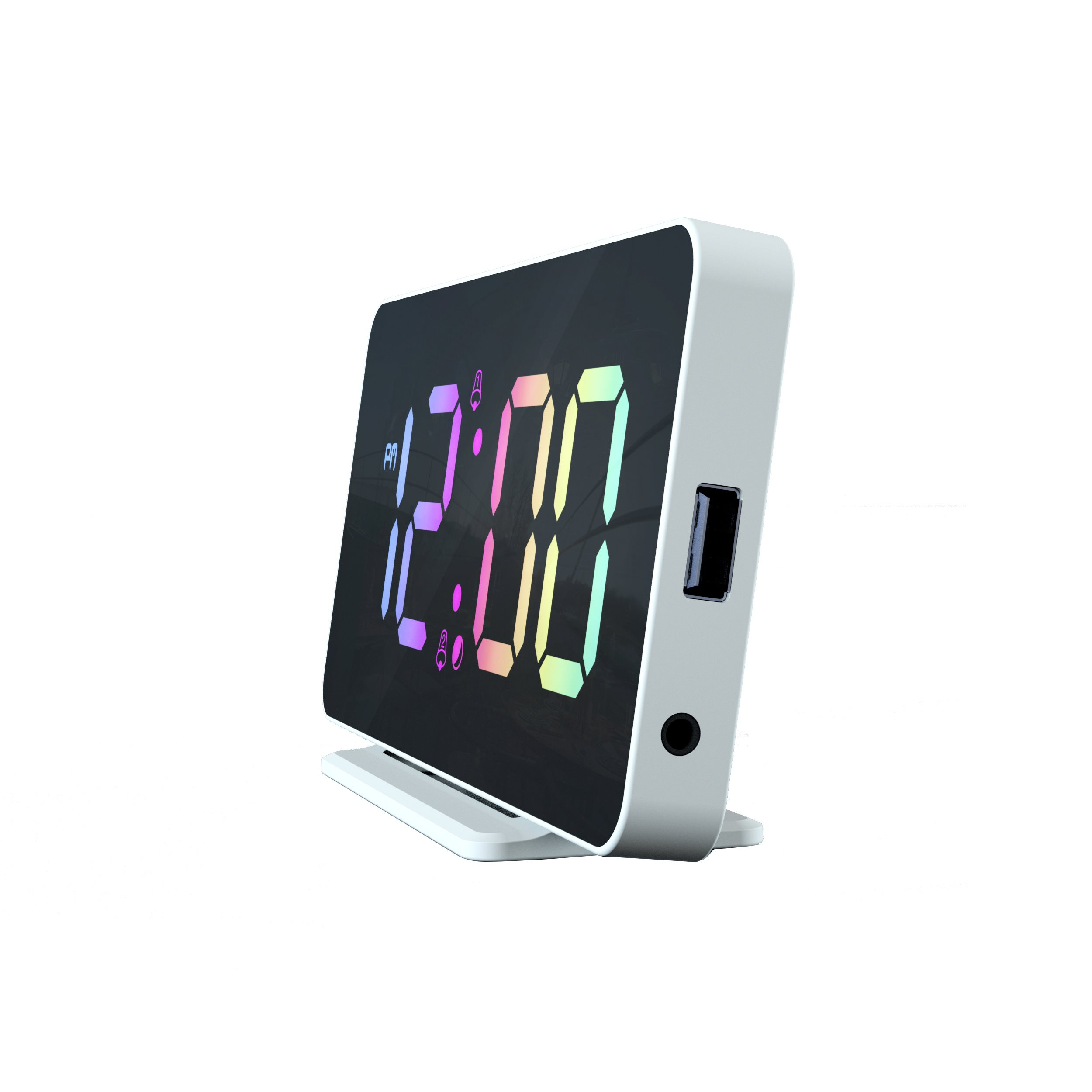 A white digital clock showing 12:00 PM. It has a sleek design and a USB port.