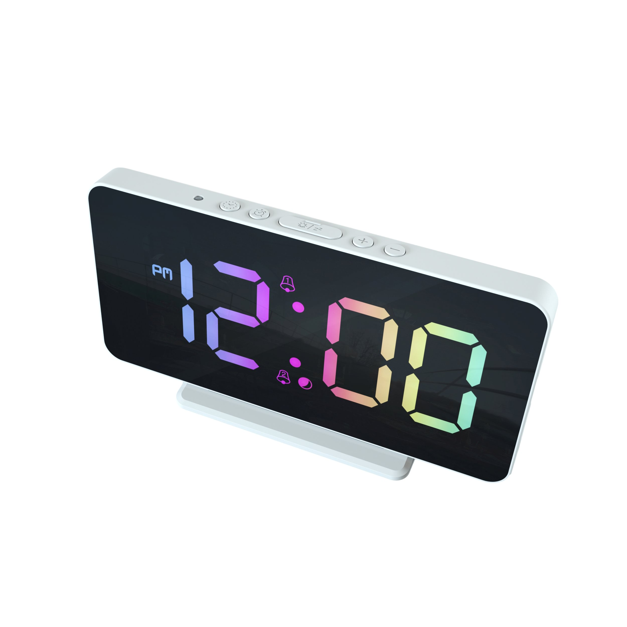 White digital alarm clock displaying 12:00 AM in rainbow-colored numbers on a white background.