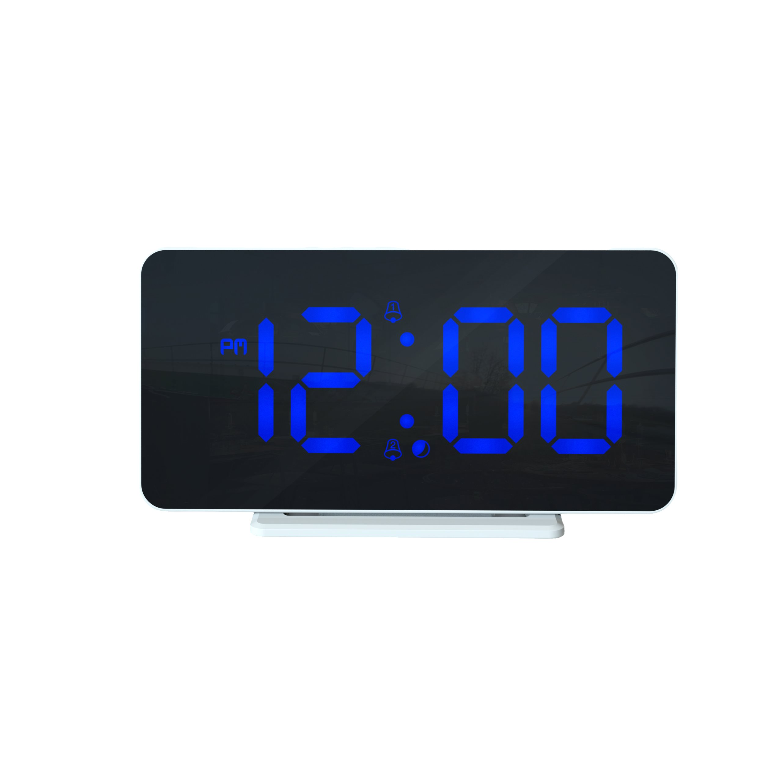 Horloge numérique affichant 12h00 PM en bleu sur fond noir. L'horloge est blanche.