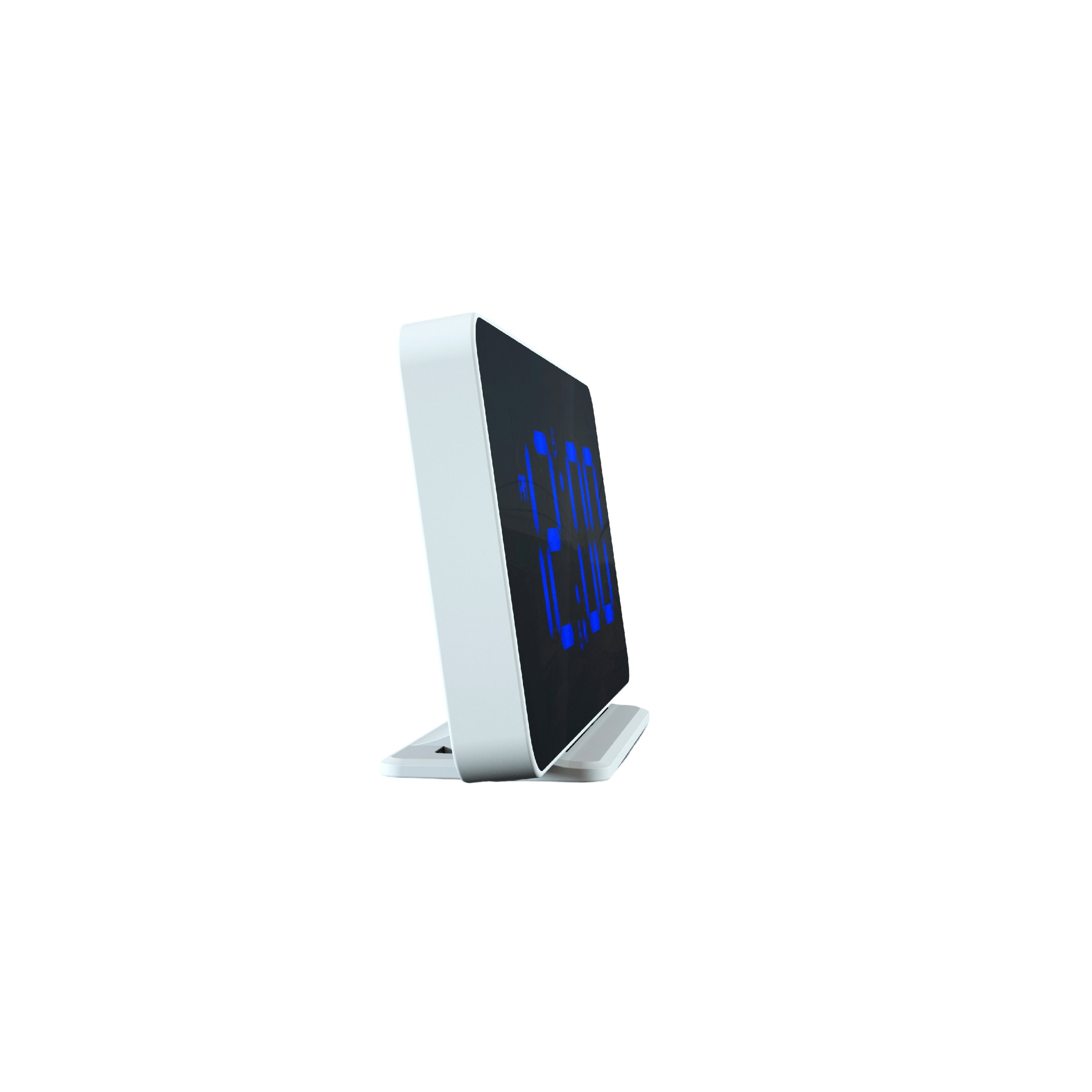 White and silver digital clock on a white surface, set against a white background.