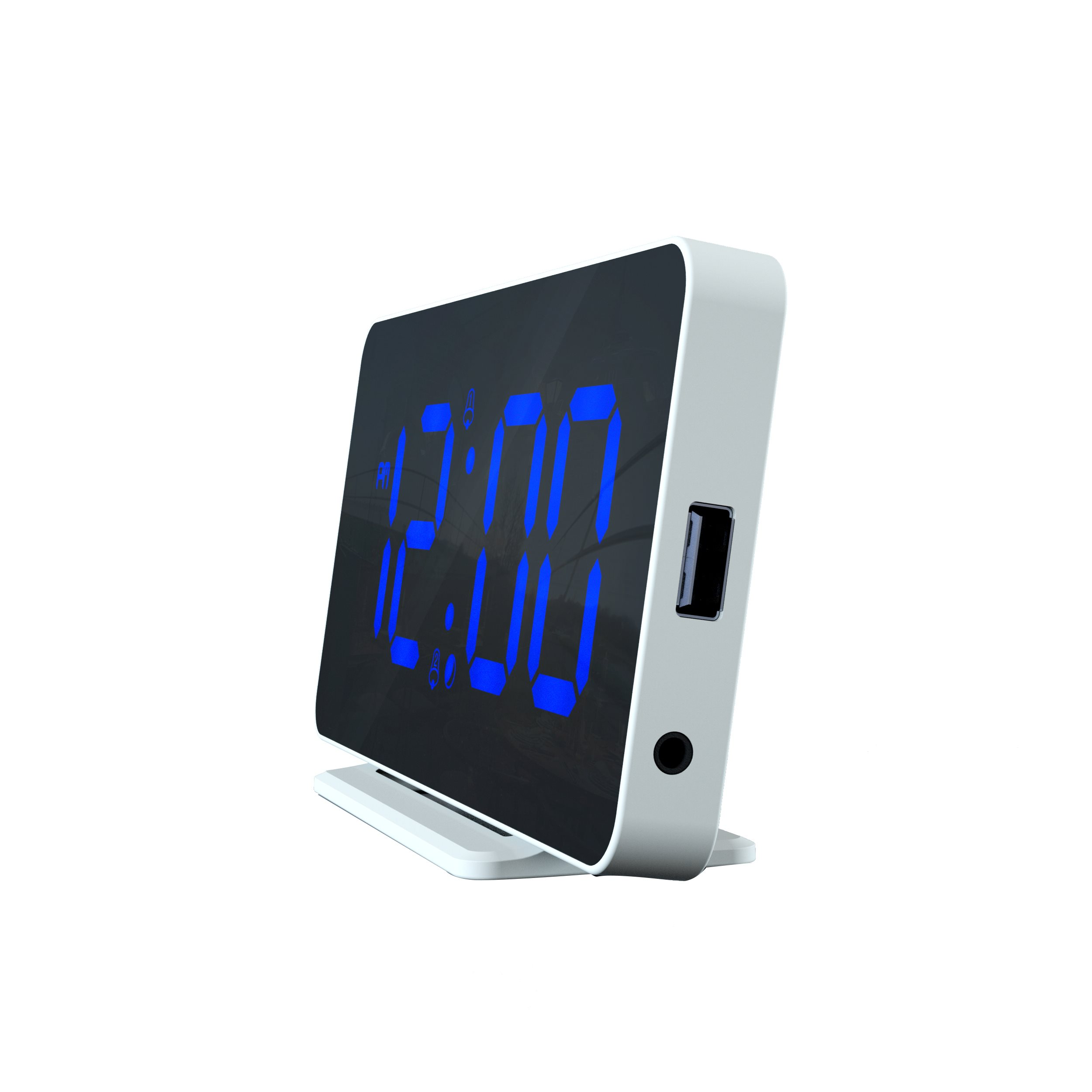 White digital alarm clock with blue numbers. Displays time. Side has a USB port and a button.
