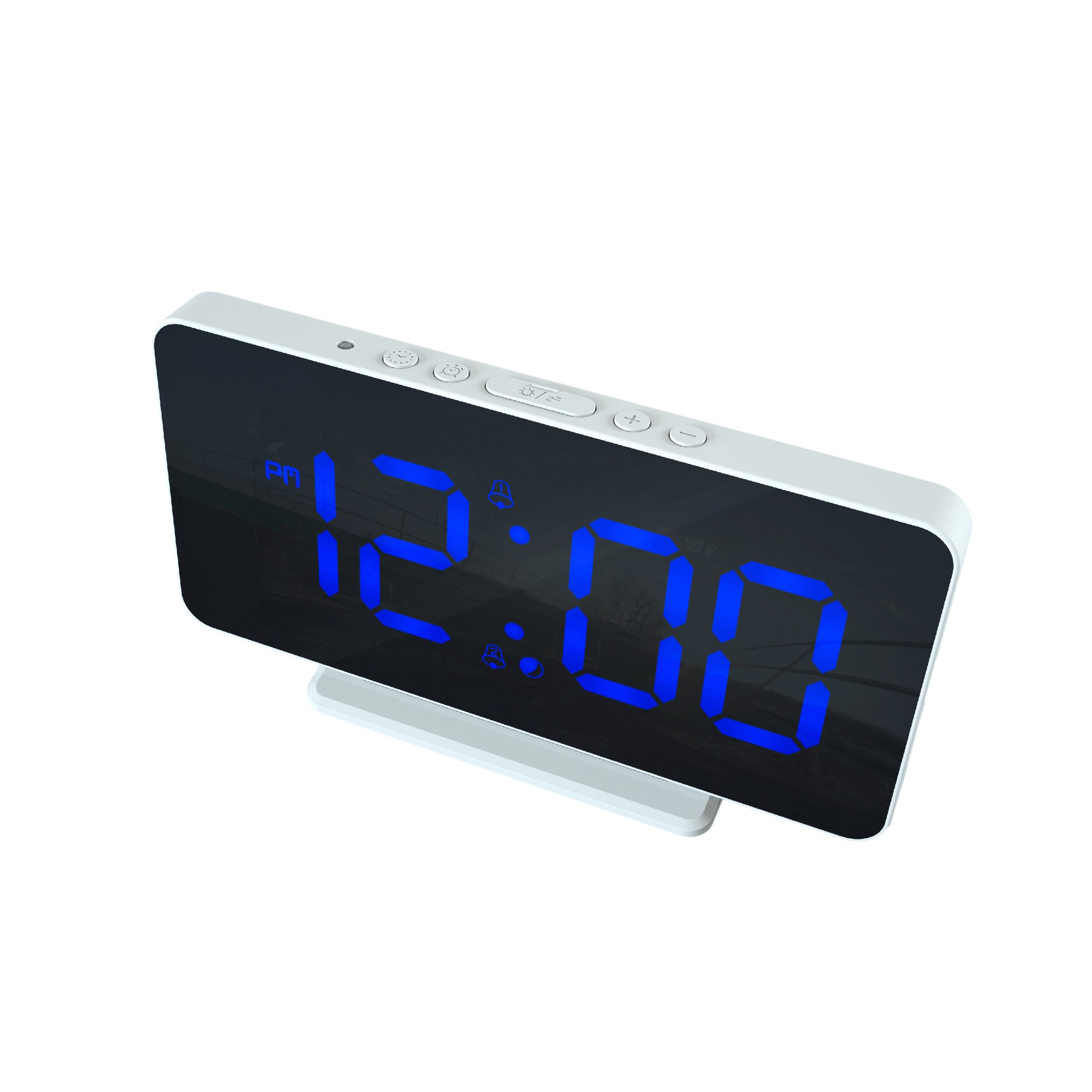 White digital alarm clock with blue numbers displaying 12:00. Buttons on top.