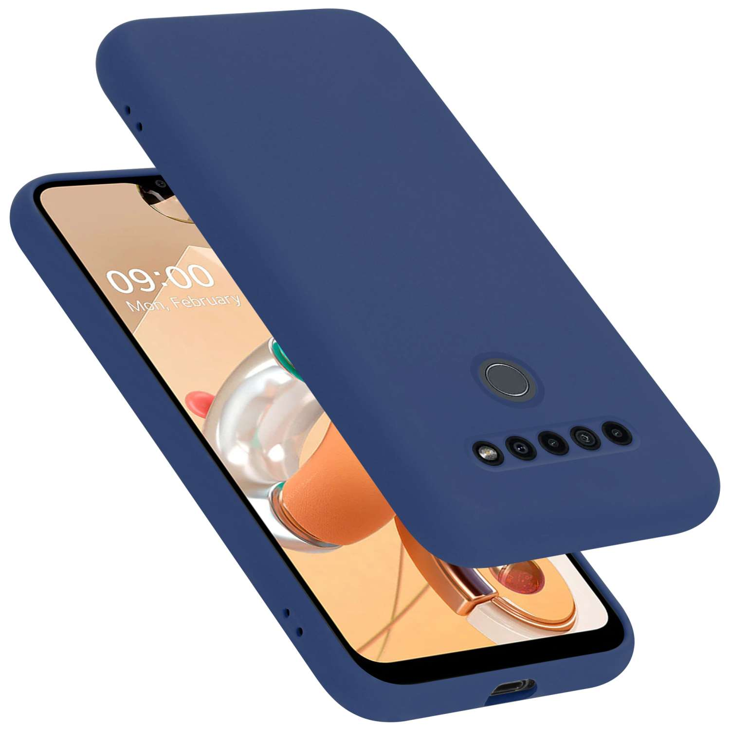 Un telefono blu con una custodia. Il telefono mostra l'ora e la data. La custodia copre il telefono.