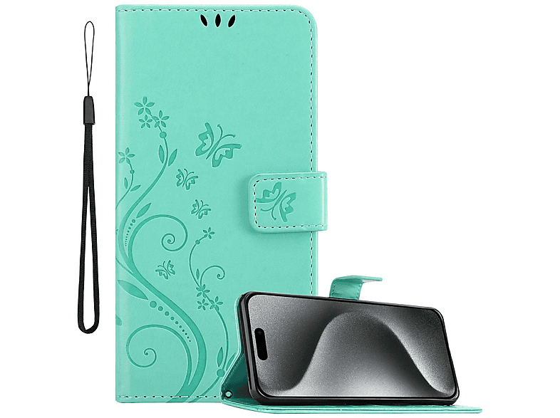 CADORABO Hülle Muster FLORAL PRO Bookcover, Blumen 15 Case, iPhone Flower TÜRKIS Apple, MAX