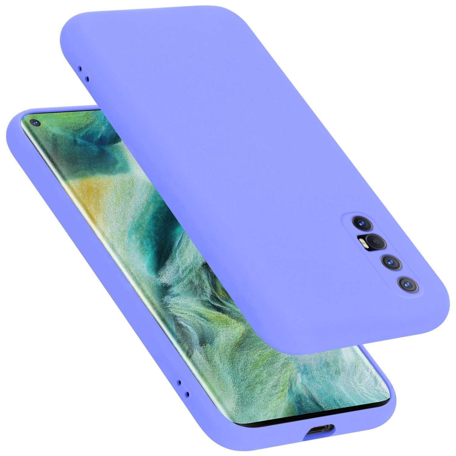 Eine hellviolette Handyhülle, mit einem Handy darin, schwebt über einer weißen Oberfläche.