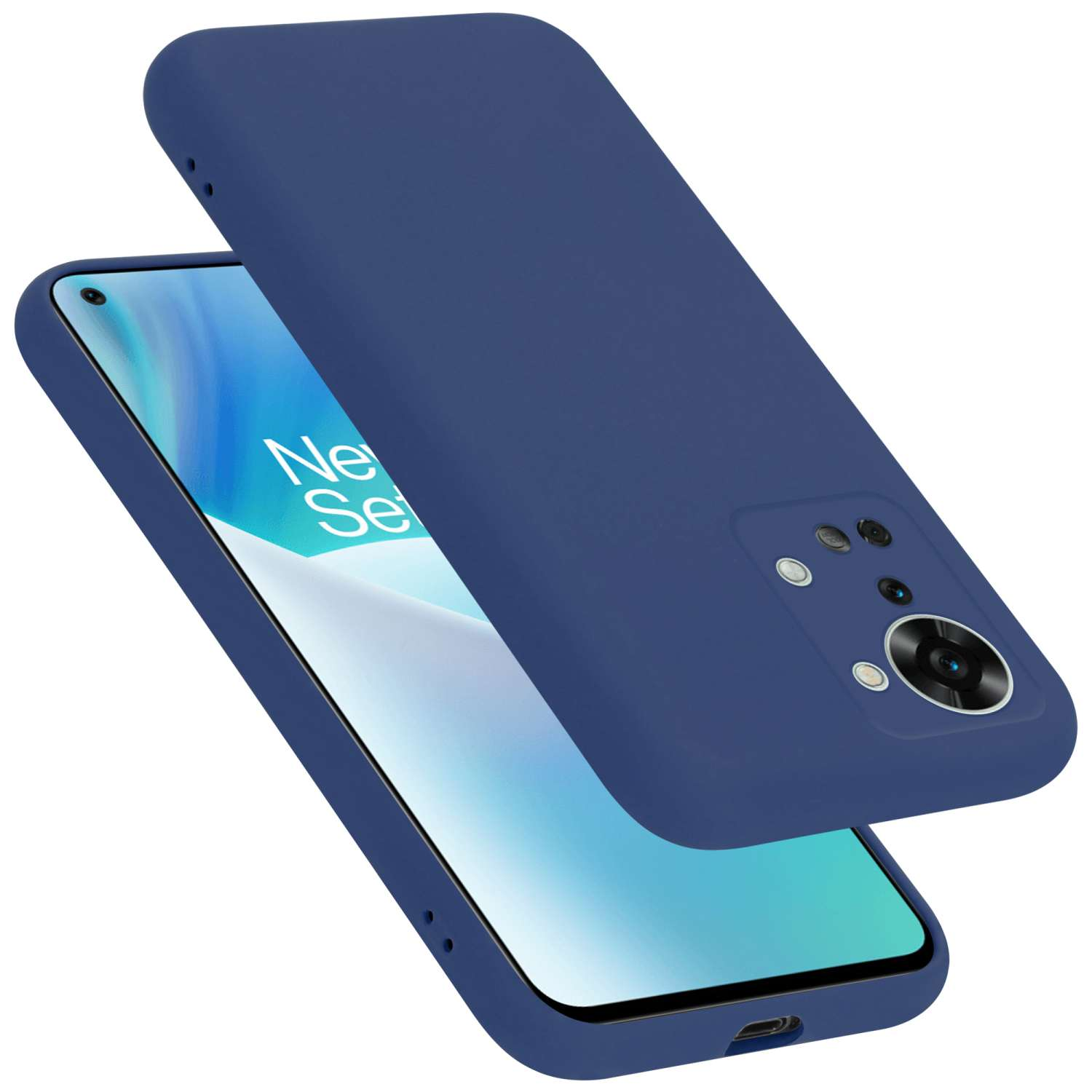 Blaue Handyhülle und Telefon. Das Telefon ist blau mit zwei Kameras, die Hülle darüber.