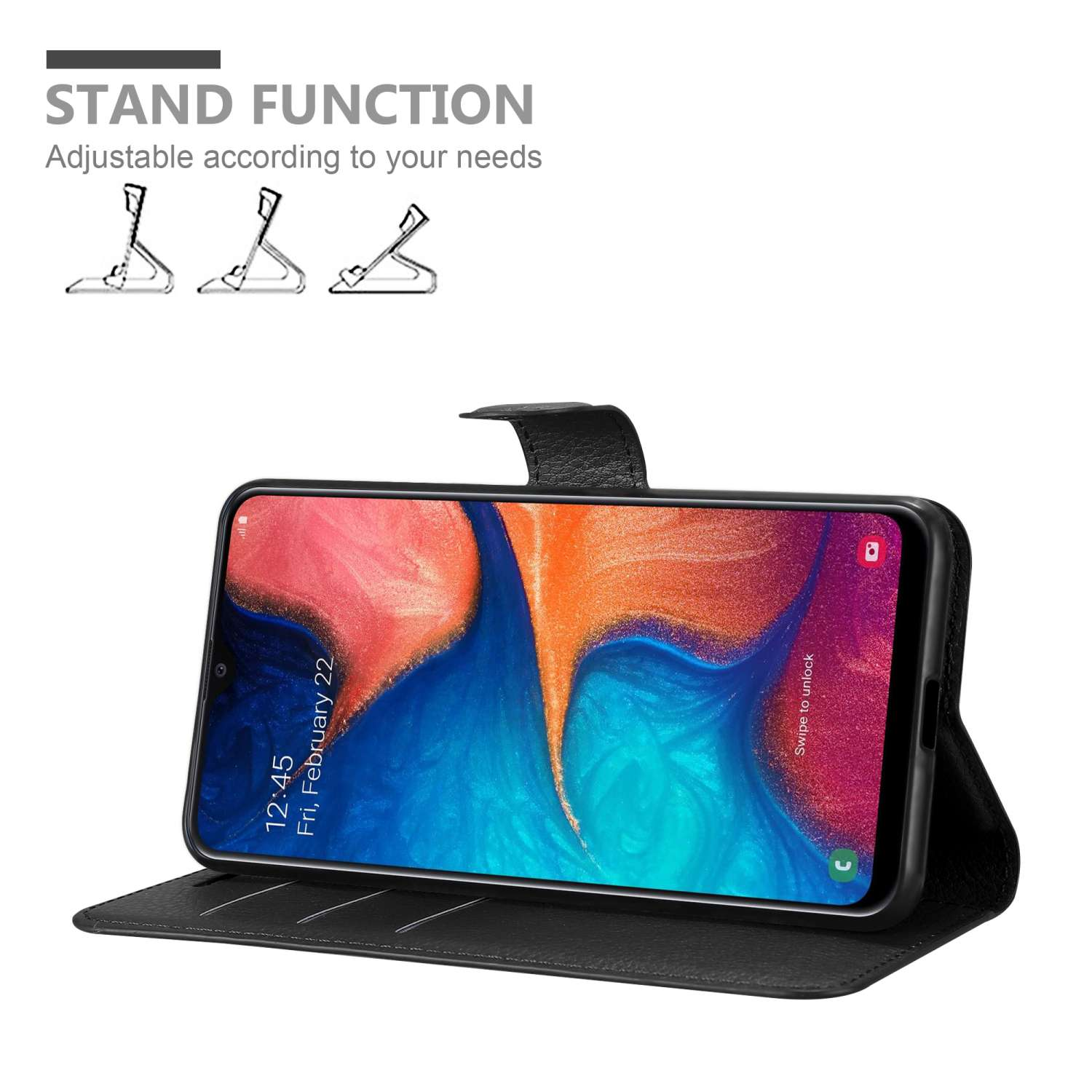Custodia nera con telefono, in piedi. Grafica della funzione stand.