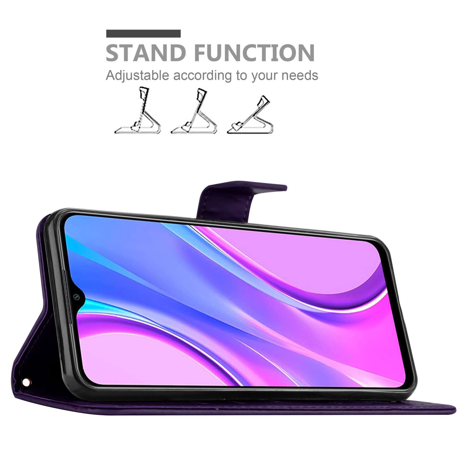 Telefono in custodia viola, aperto. Grafica funzione stand con illustrazioni di supporto regolabile.