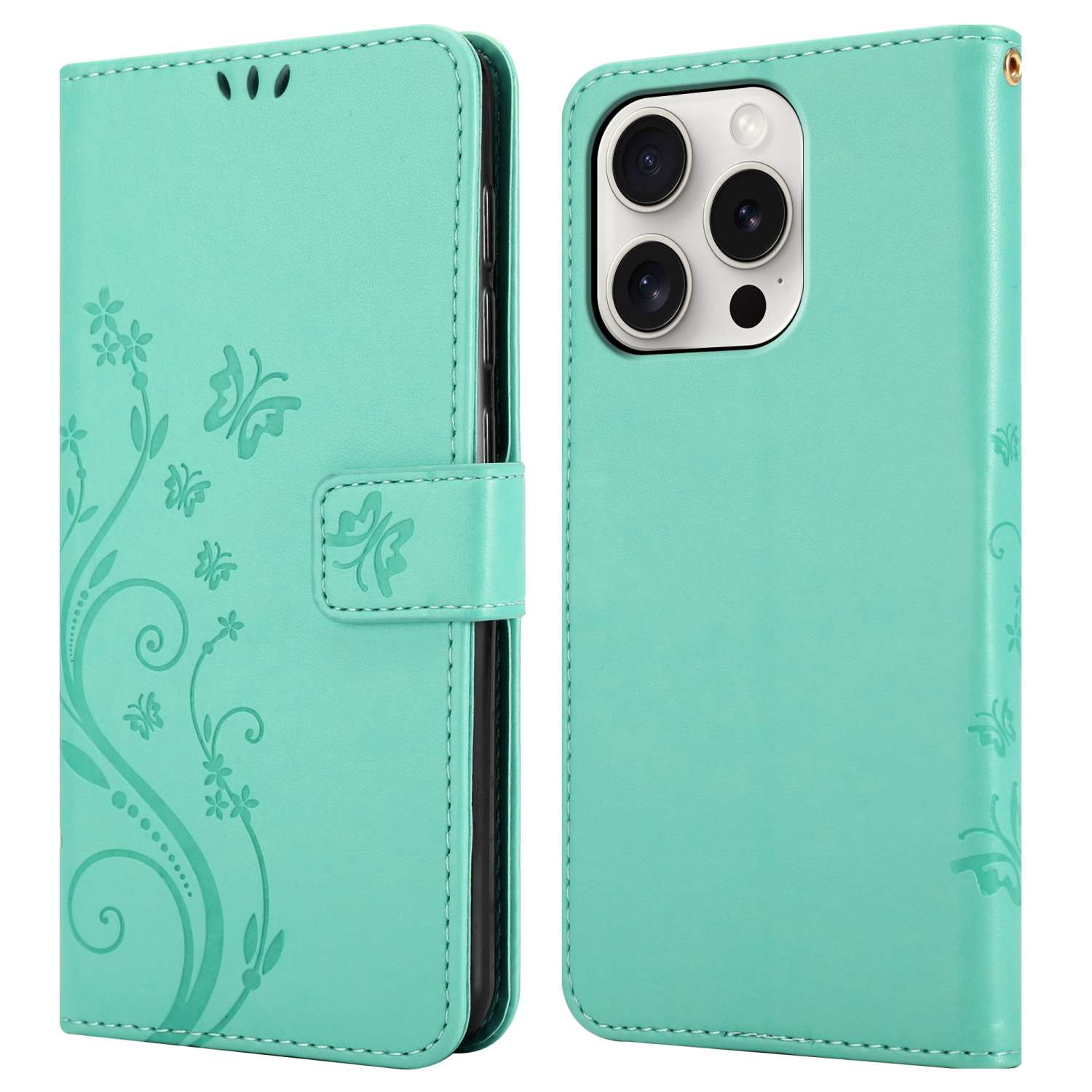 Una custodia per telefono verde acqua, aperta e chiusa, con disegni floreali sul davanti.
