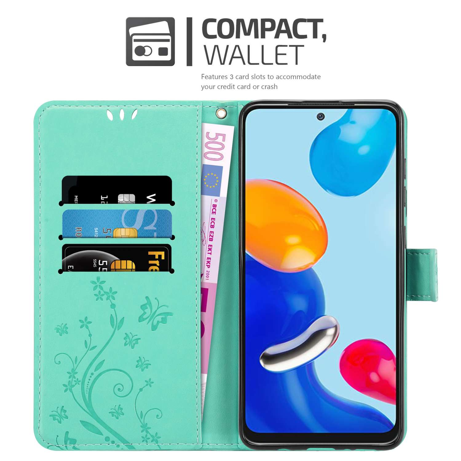 Custodia del telefono turchese aperta con carte di credito e banconota, telefono con display colorato.