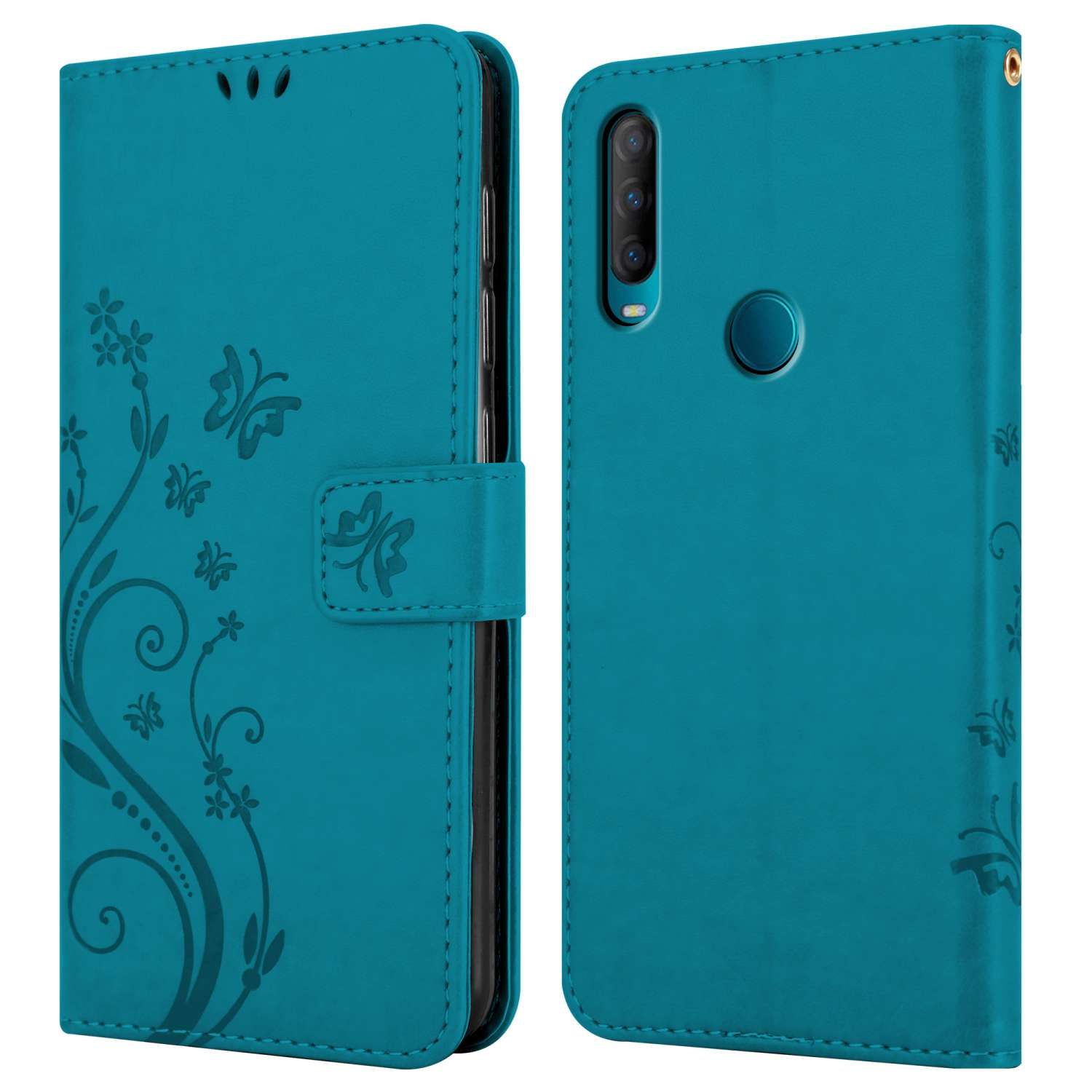 Custodia per telefono turchese con design floreale. Il lato destro è aperto, rivelando un telefono. Su sfondo bianco.