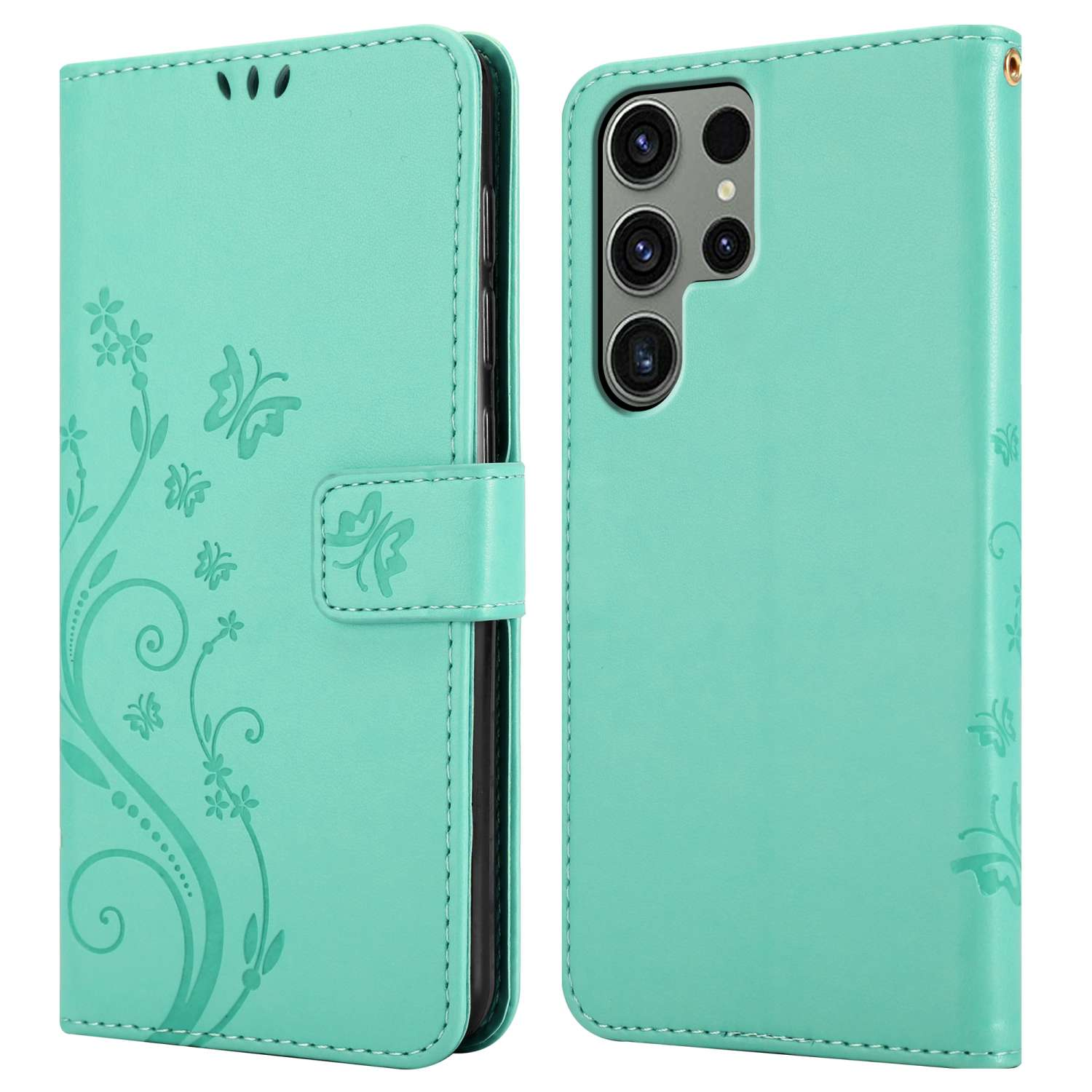 Custodia per telefono verde menta con design floreale. Aperta, mostra il telefono a destra.