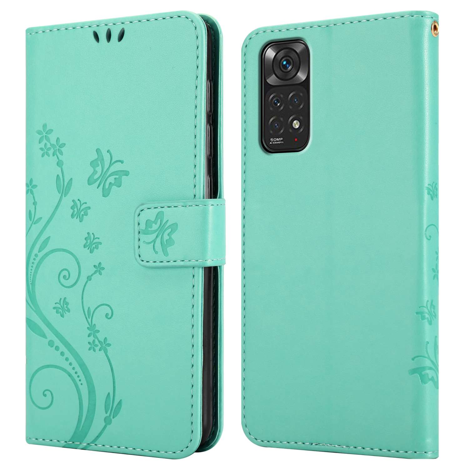 Custodia teal aperta, con design a farfalla e ritaglio per la fotocamera.