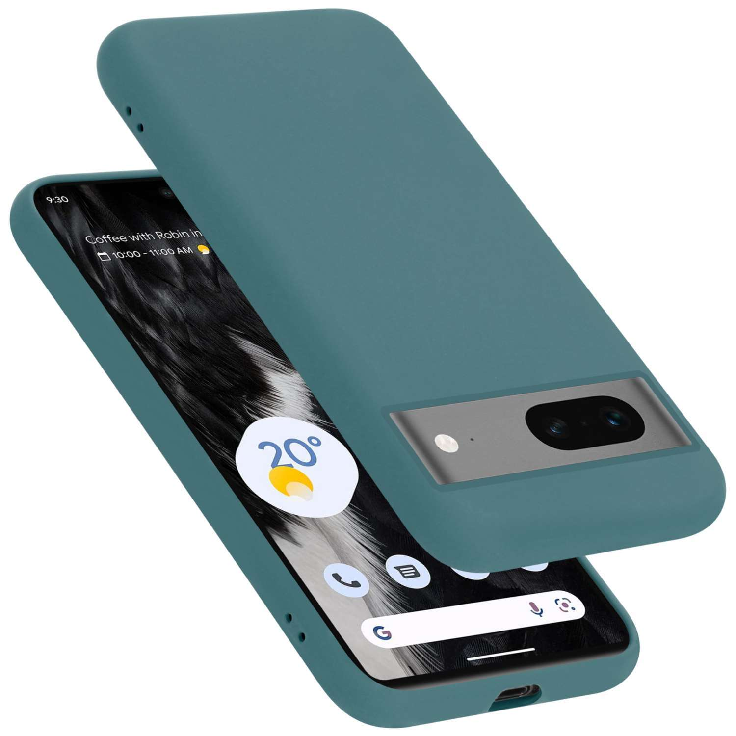 Ein türkisfarbenes Telefon mit passender Hülle. Der Bildschirm zeigt eine App und Wetter.