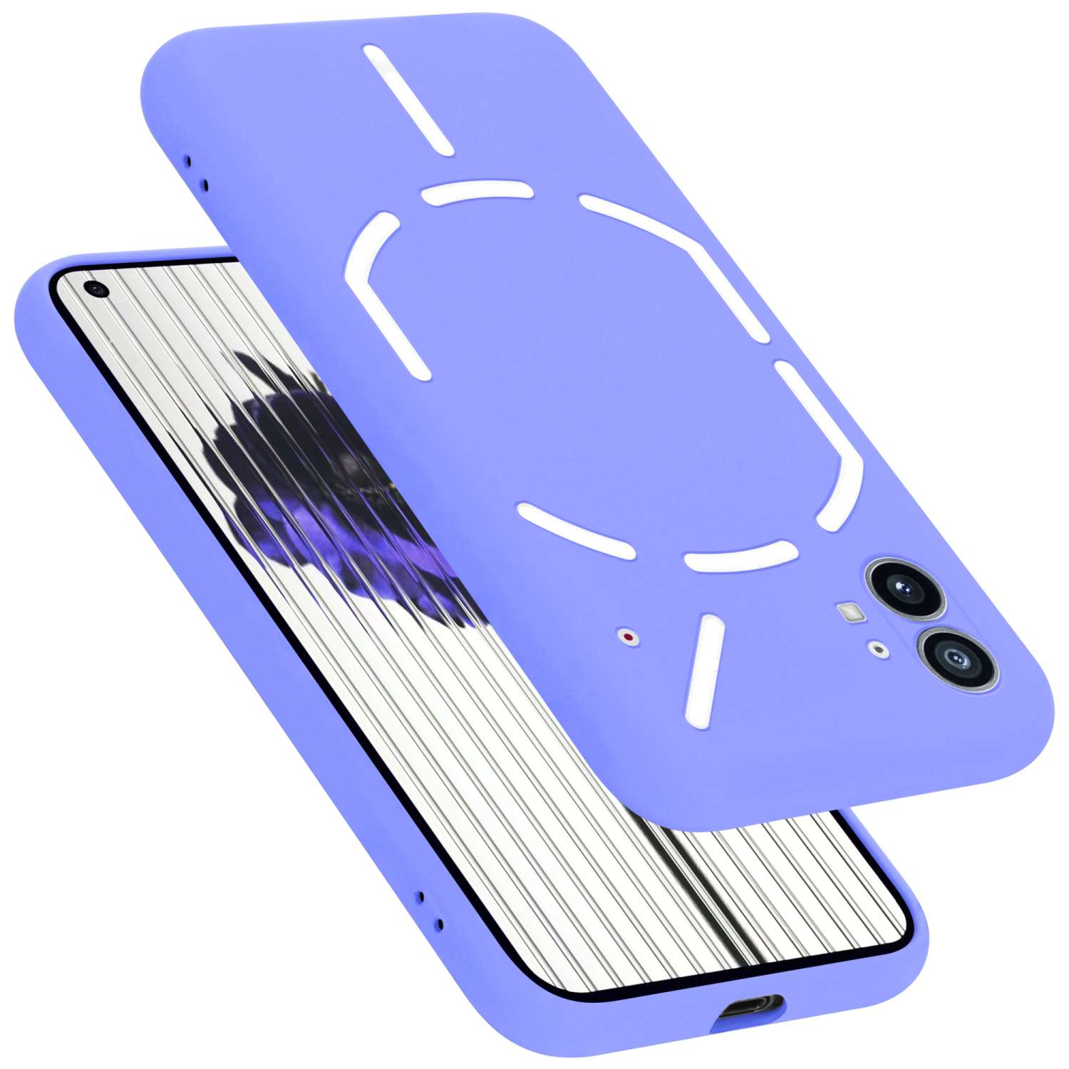Eine hellviolette Handyhülle mit einem Telefon darin. Die Hülle hat ein einzigartiges Muster. Das Telefon hat einen schwarzen Bildschirm.