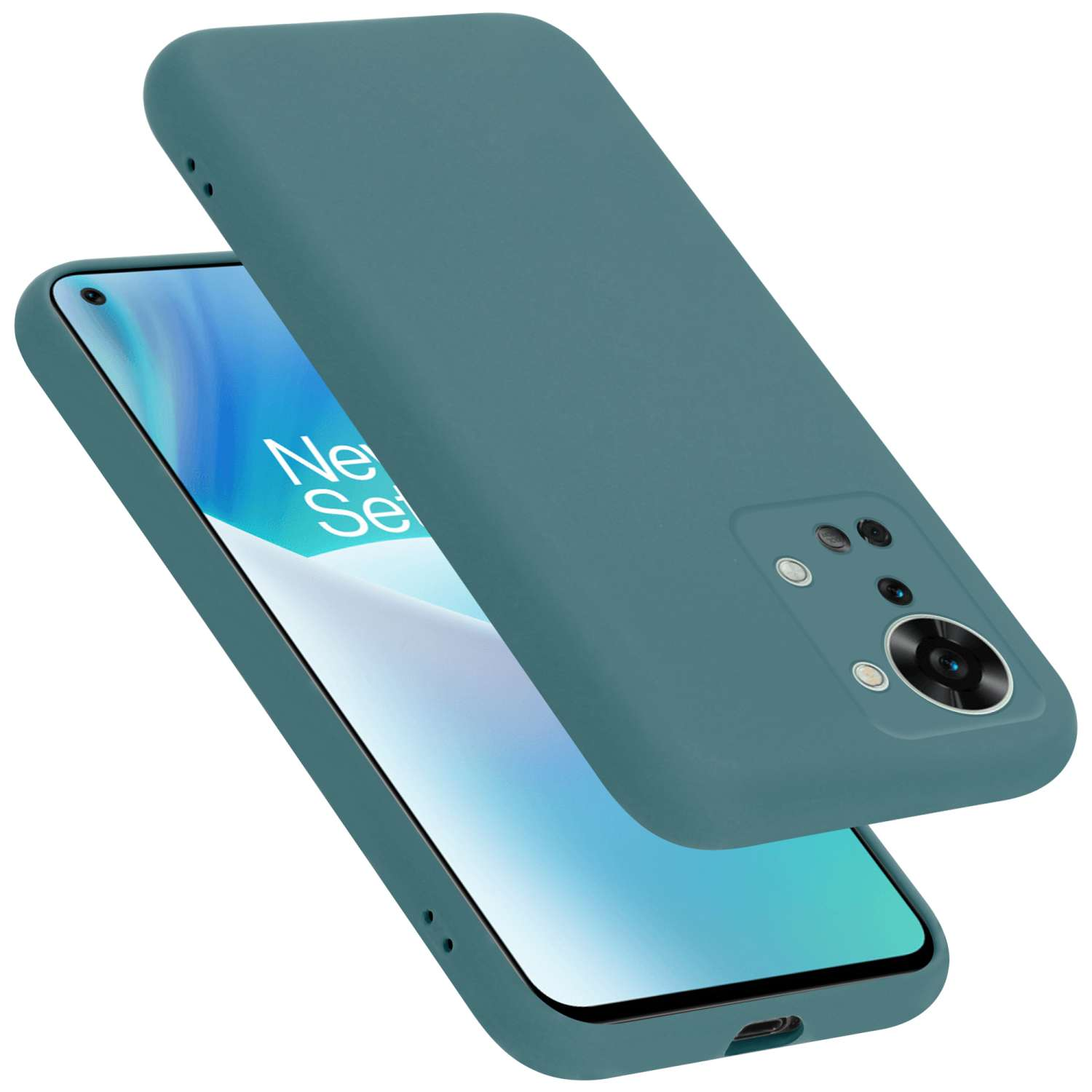 Ein tealfarbenes Telefon mit Hülle. Die Hülle ist teal und zeigt Kamera und Knöpfe. Telefon zeigt 'Never Settle'.