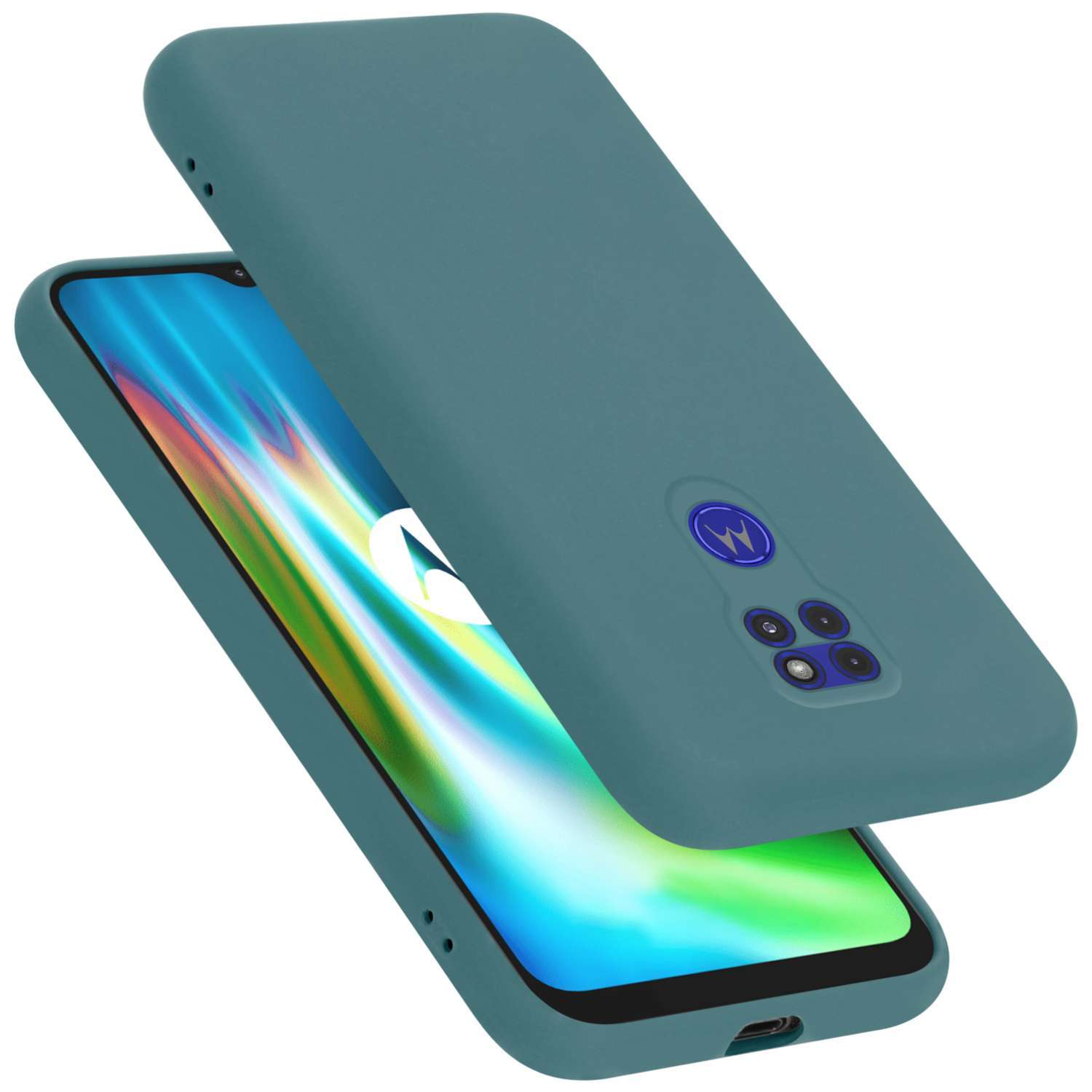 Eine blaue Handyhülle auf einem Handy, das die Rückseite und den Bildschirm zeigt. Das Telefon ist blau.