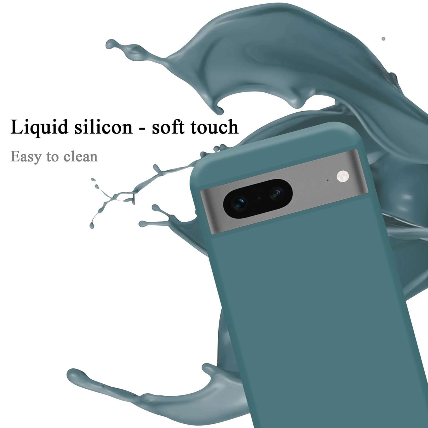 Eine blaue Handyhülle mit Telefon und einem blauen Flüssigkeitsspritzer.