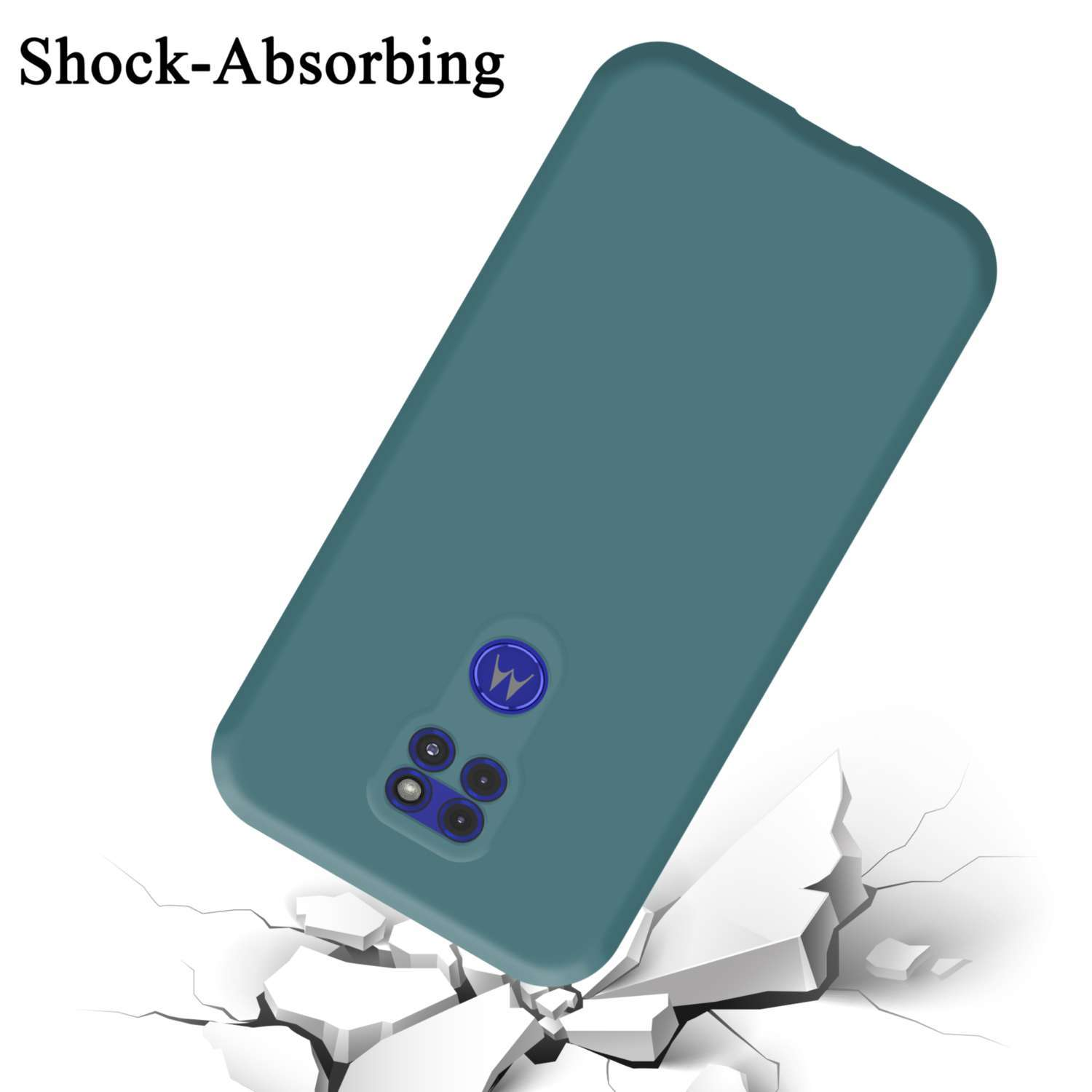 Türkisfarbene Handyhülle mit Telefon. Es scheint stoßabsorbierend zu sein, mit Rissen.