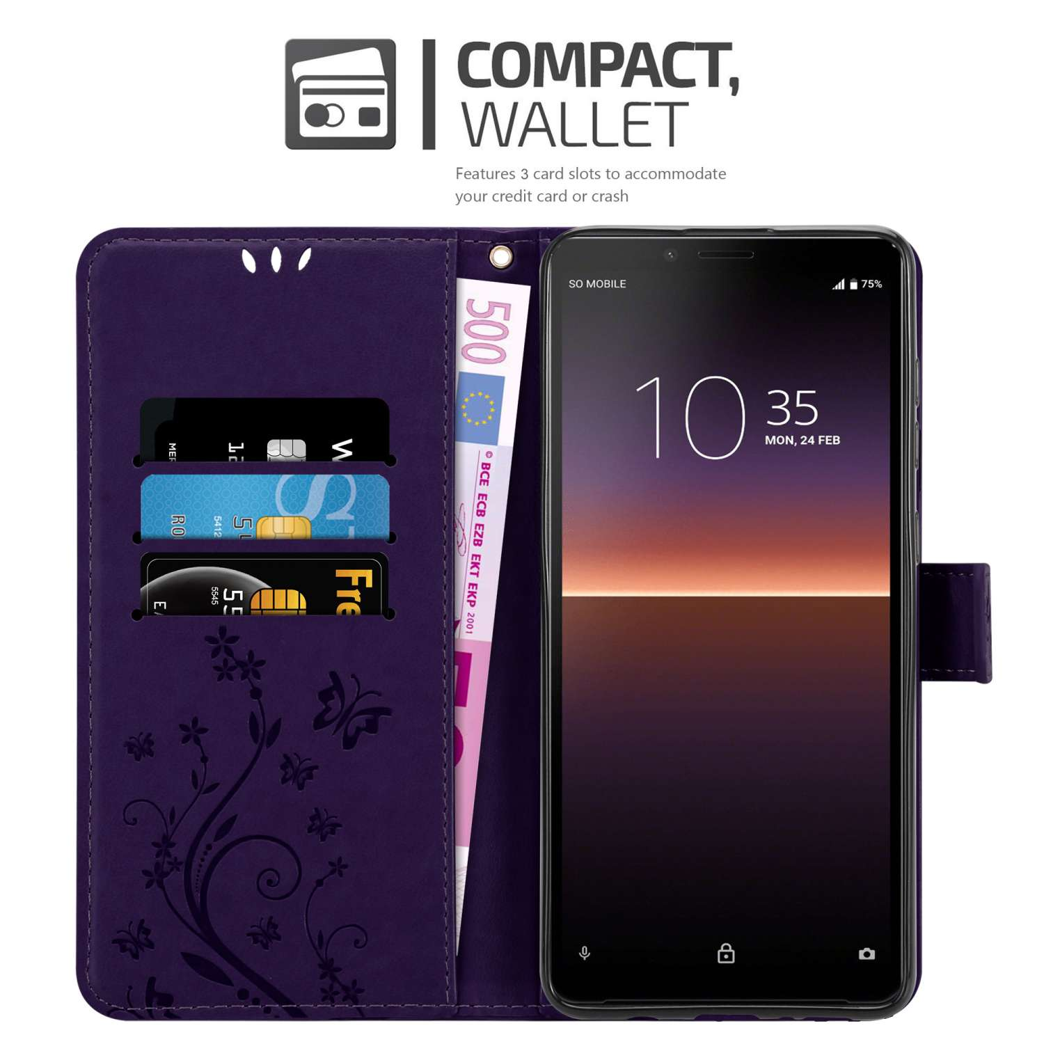 Custodia per telefono viola aperta, con scomparti per carte, una banconota da 500 euro e un telefono. Testo: Portafoglio Compatto.