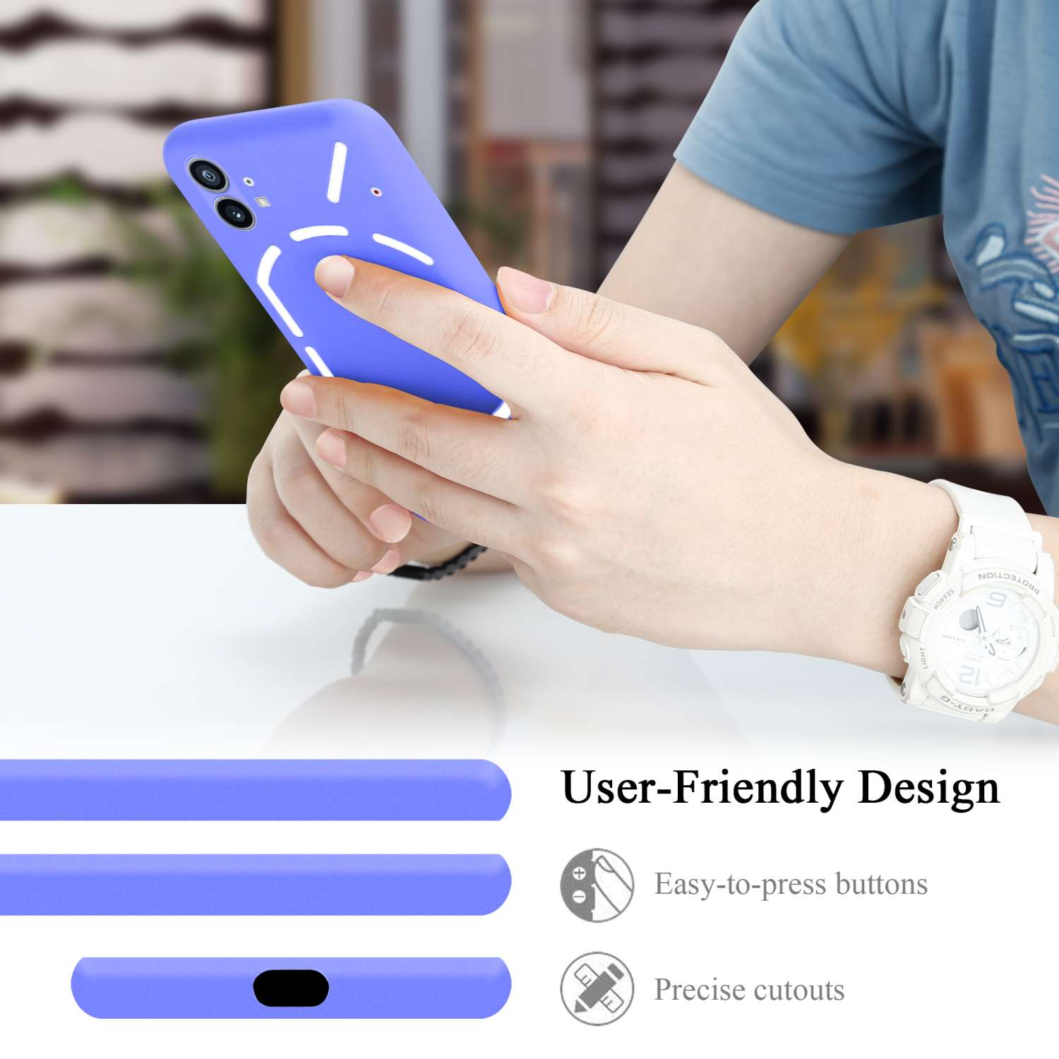 Eine Person hält ein lila Telefon mit einem weißen Design auf einem weißen Tisch. Text zum benutzerfreundlichen Design ist sichtbar.