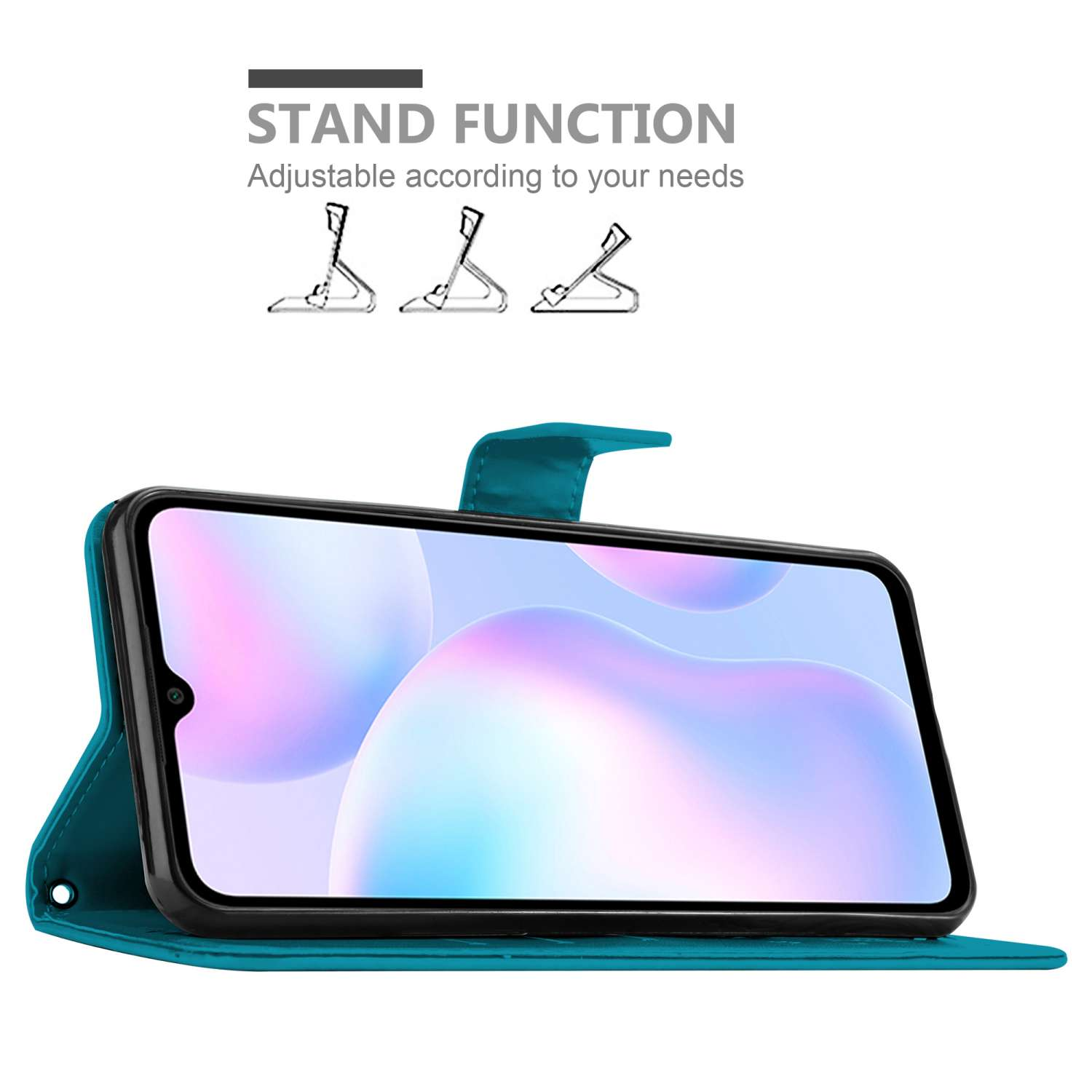 Custodia per telefono verde acqua, funzione stand. Schermo visibile.