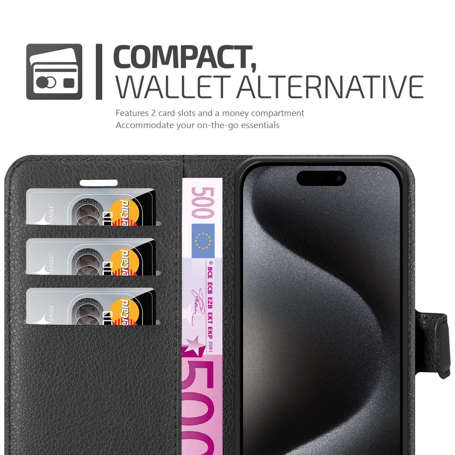 Una custodia per telefono nera con scomparti per carte, uno scomparto per contanti e un telefono all'interno.