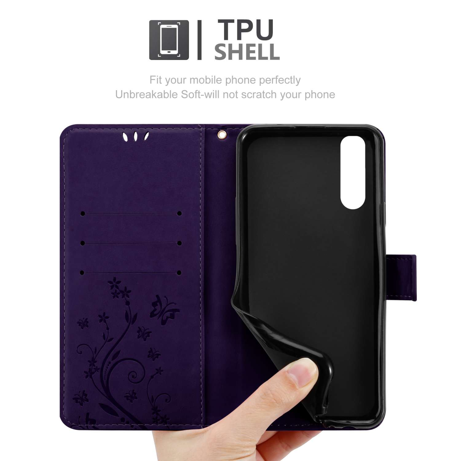Custodia per telefono viola con design floreale, aperta. Una mano tiene il telefono nero all'interno.