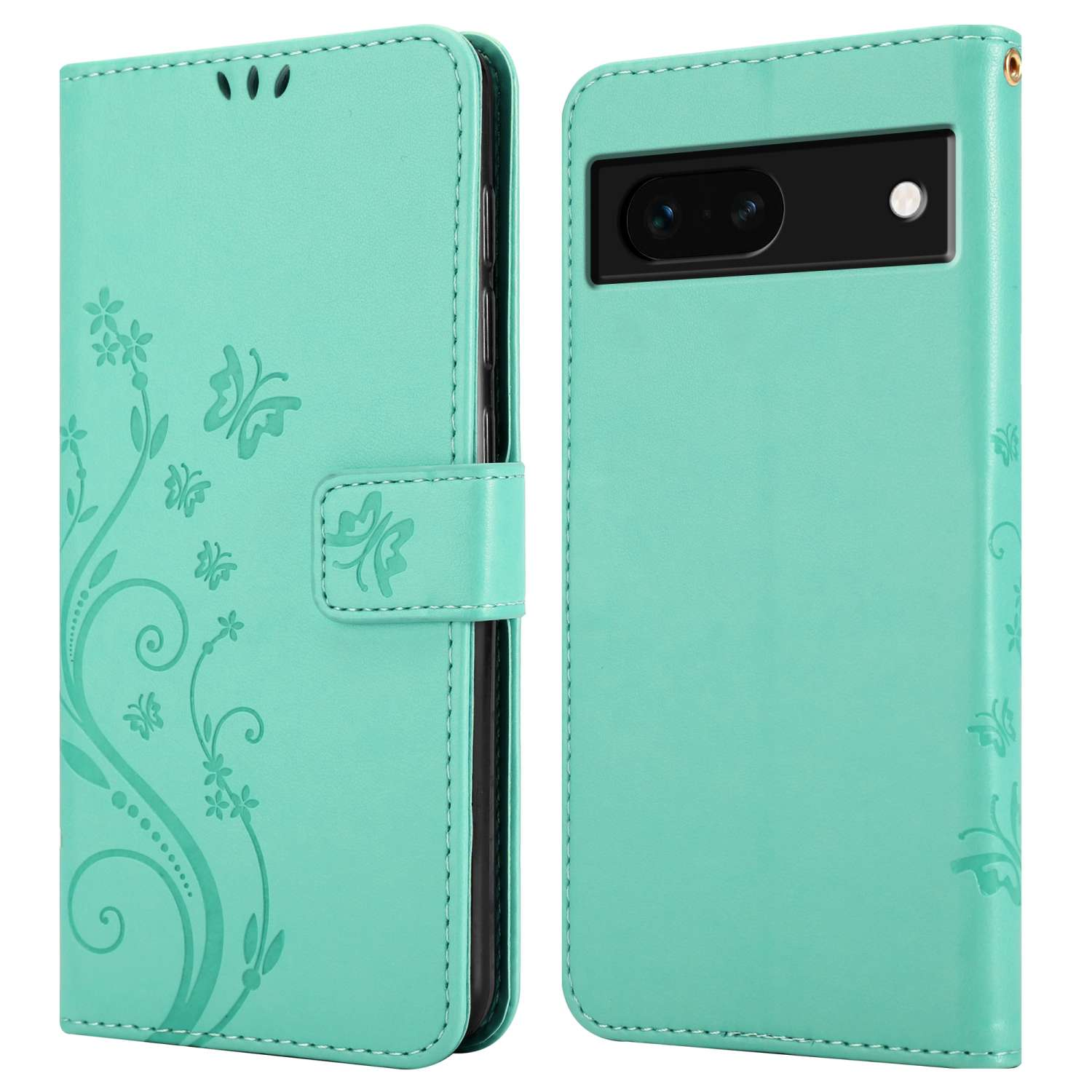 Una custodia per telefono verde acqua con farfalle e fiori. È aperta, mostrando il telefono e uno slot per schede.