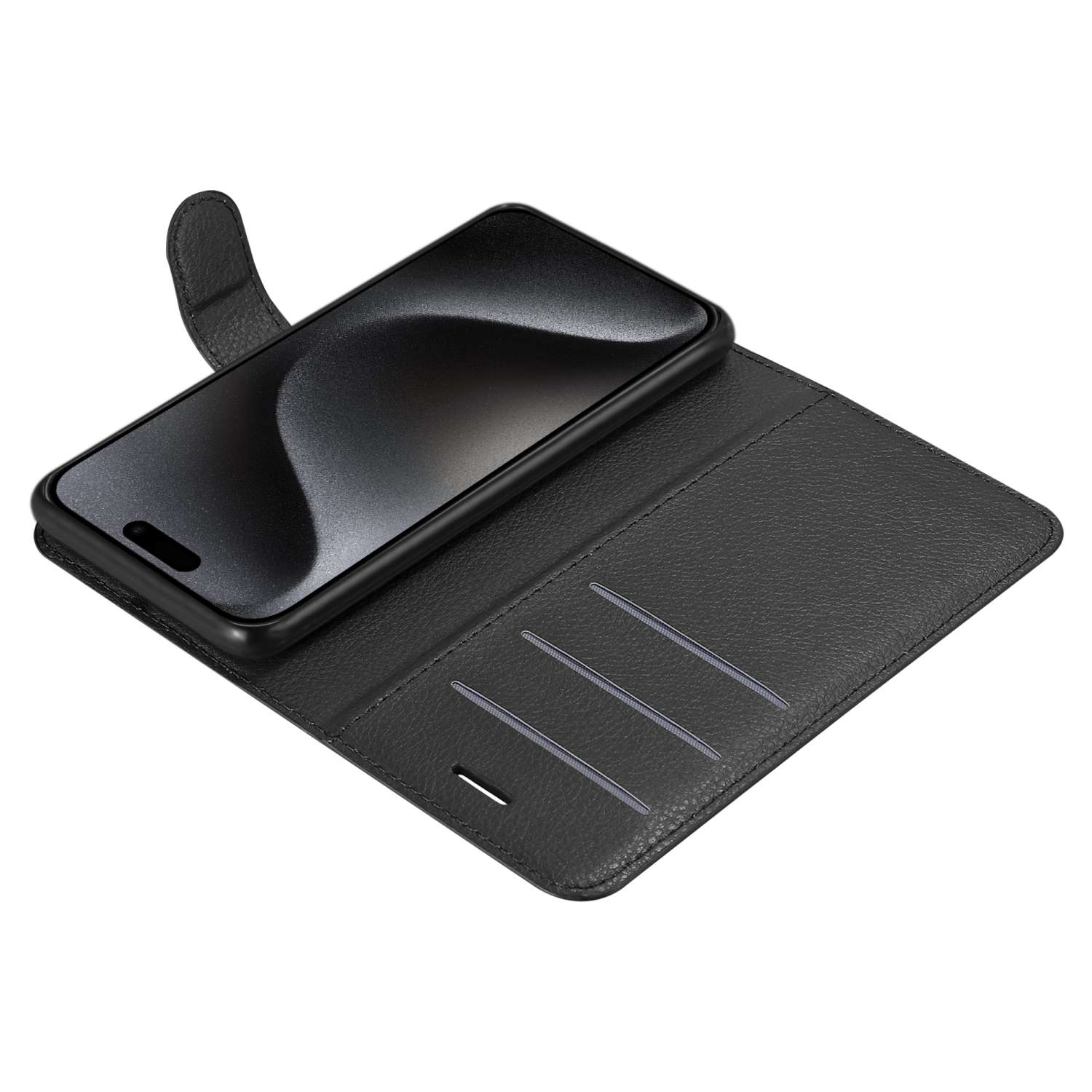 Telefono nero in una custodia a portafoglio in pelle nera. Il telefono e la custodia hanno un design pulito.