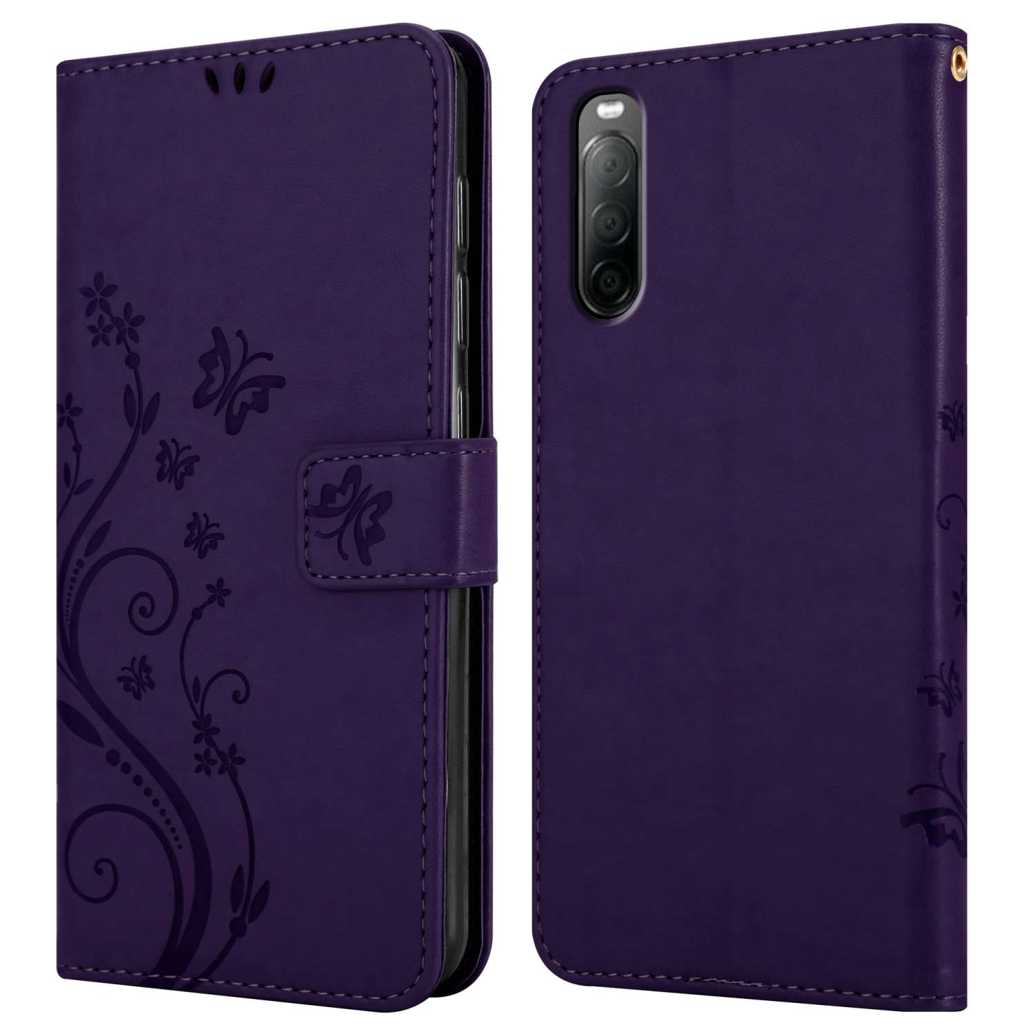 Custodia viola per telefono con design a farfalla, aperta. Con chiusura e dettagli floreali.
