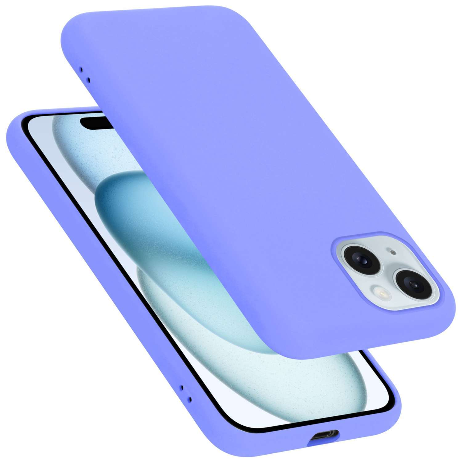 Lila Handyhülle, mit dem Telefon darin, aus einem Winkel vor weißem Hintergrund.