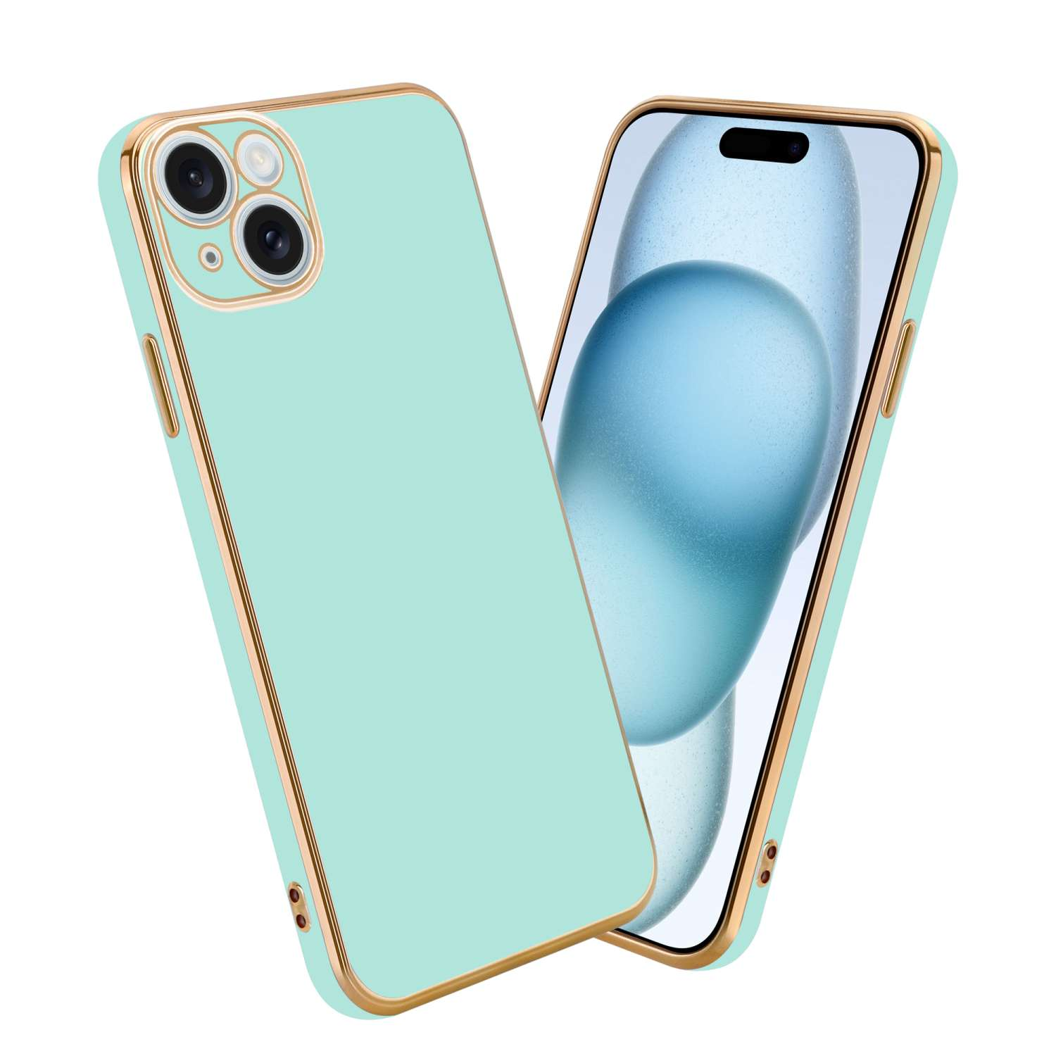 Zwei Telefone. Eines ist grün mit goldenem Rahmen und das andere zeigt einen blauen Hintergrund.