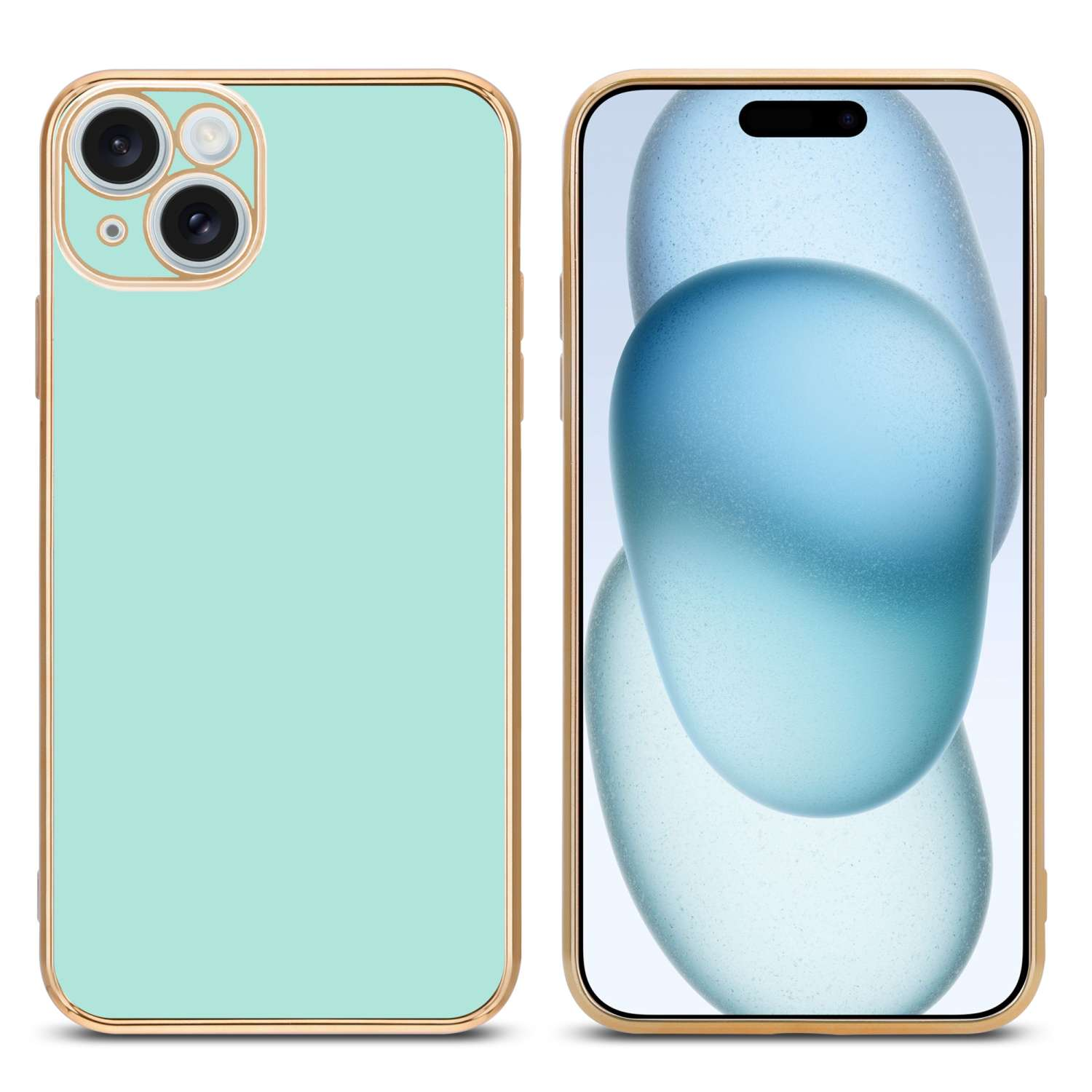 Minzfarbene Handyhülle mit goldenem Rand. Daneben das Telefon mit blauem Hintergrund auf dem Bildschirm.