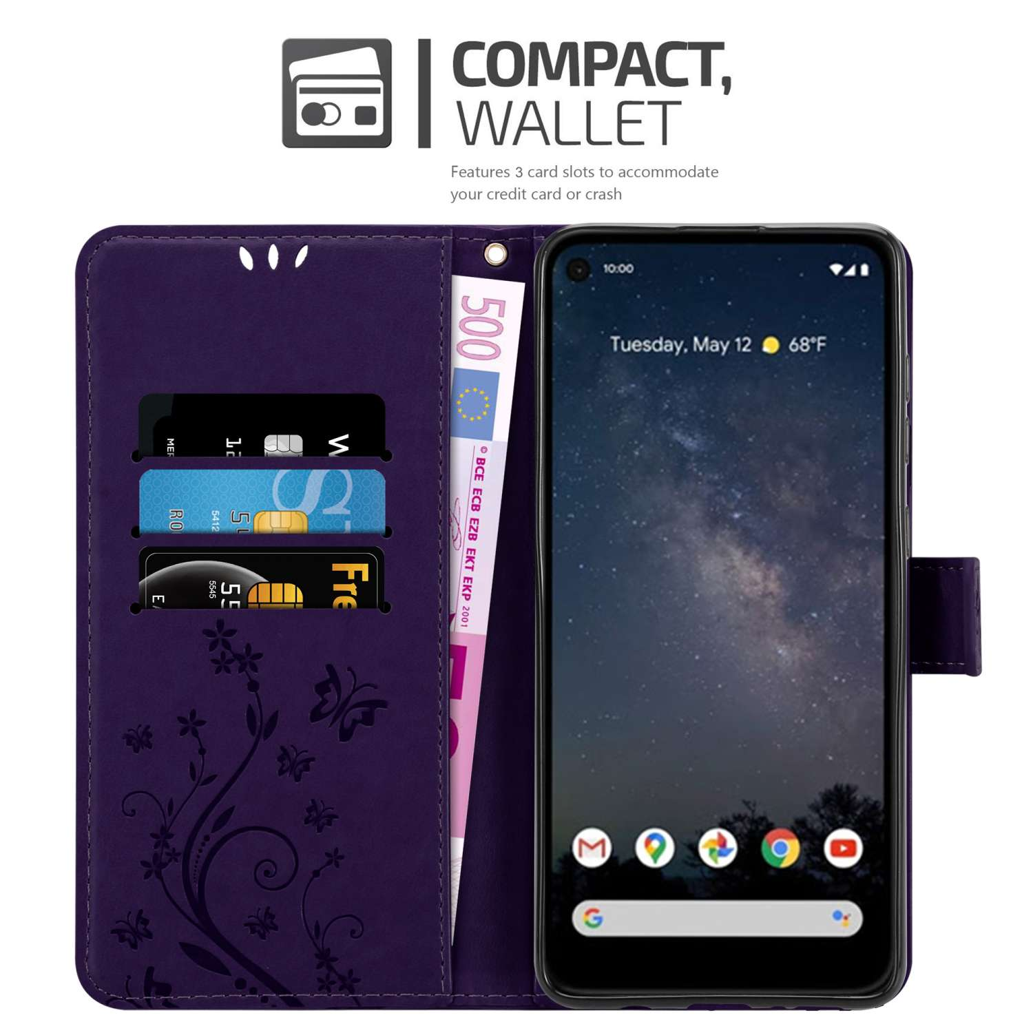 Custodia a portafoglio compatta viola, con scomparti per carte. Include una banconota da 500 euro e un telefono.