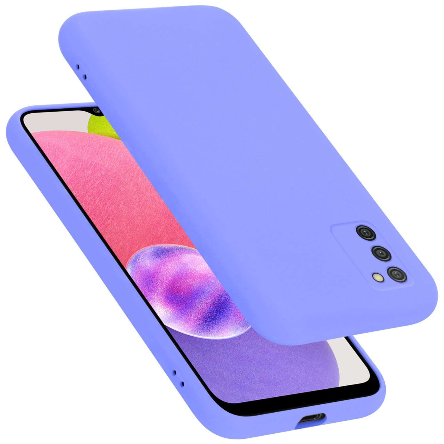 Lavendelfarbene Handyhülle mit Telefon. Die Hülle ist offen und zeigt das Telefon.