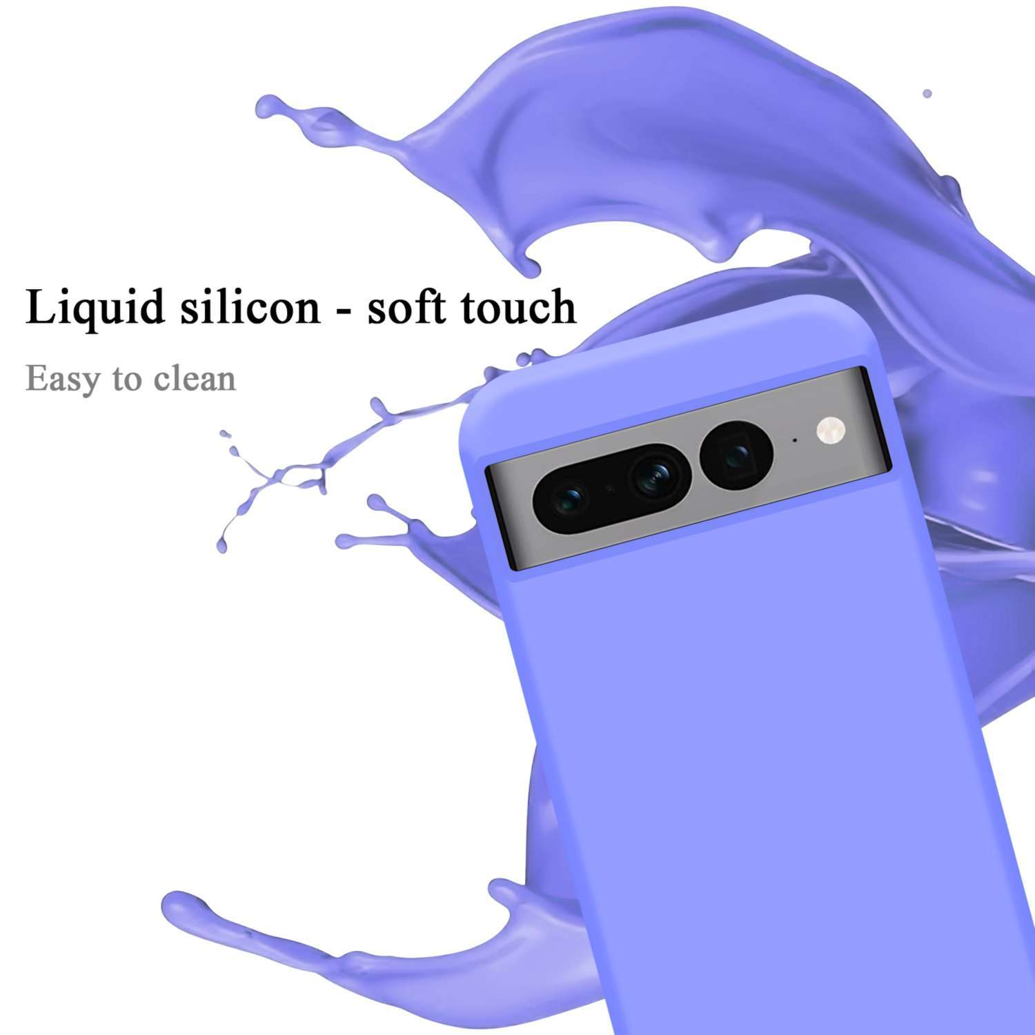 Lila Handyhülle mit Telefon. Flüssigkeitsspritzer-Effekt. Weißer Hintergrund.
